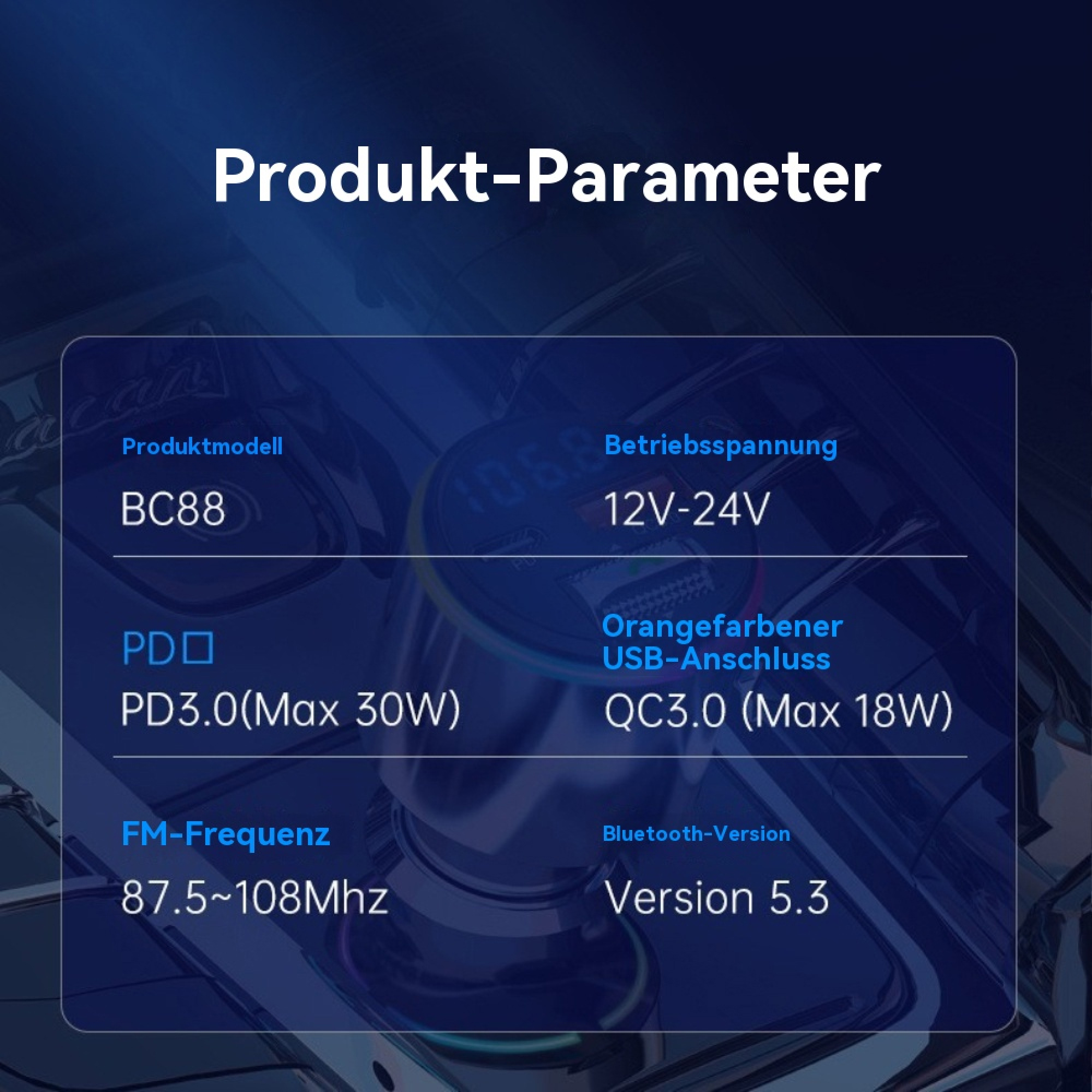 Technische Produktdaten für den BC88 FM-Transmitter, einschließlich Betriebsspannung, USB-Anschlüssen und Bluetooth.