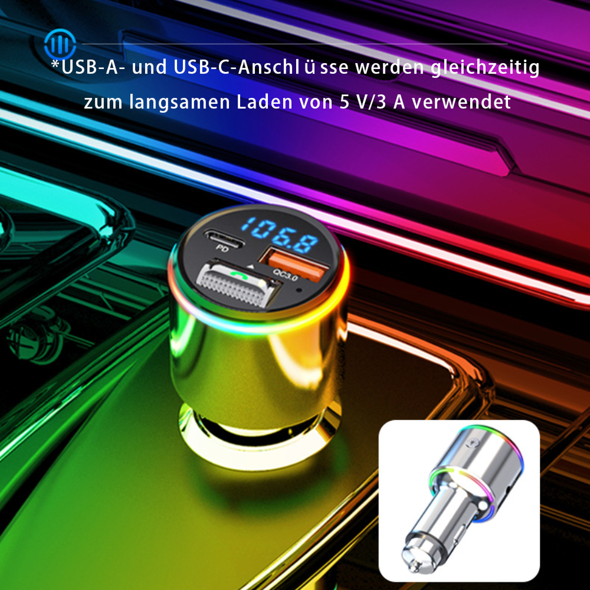 Ein Autoladegerät mit Digitaldisplay und RGB-Ringlicht, ausgestattet mit USB- und Typ-C-Anschlüssen.