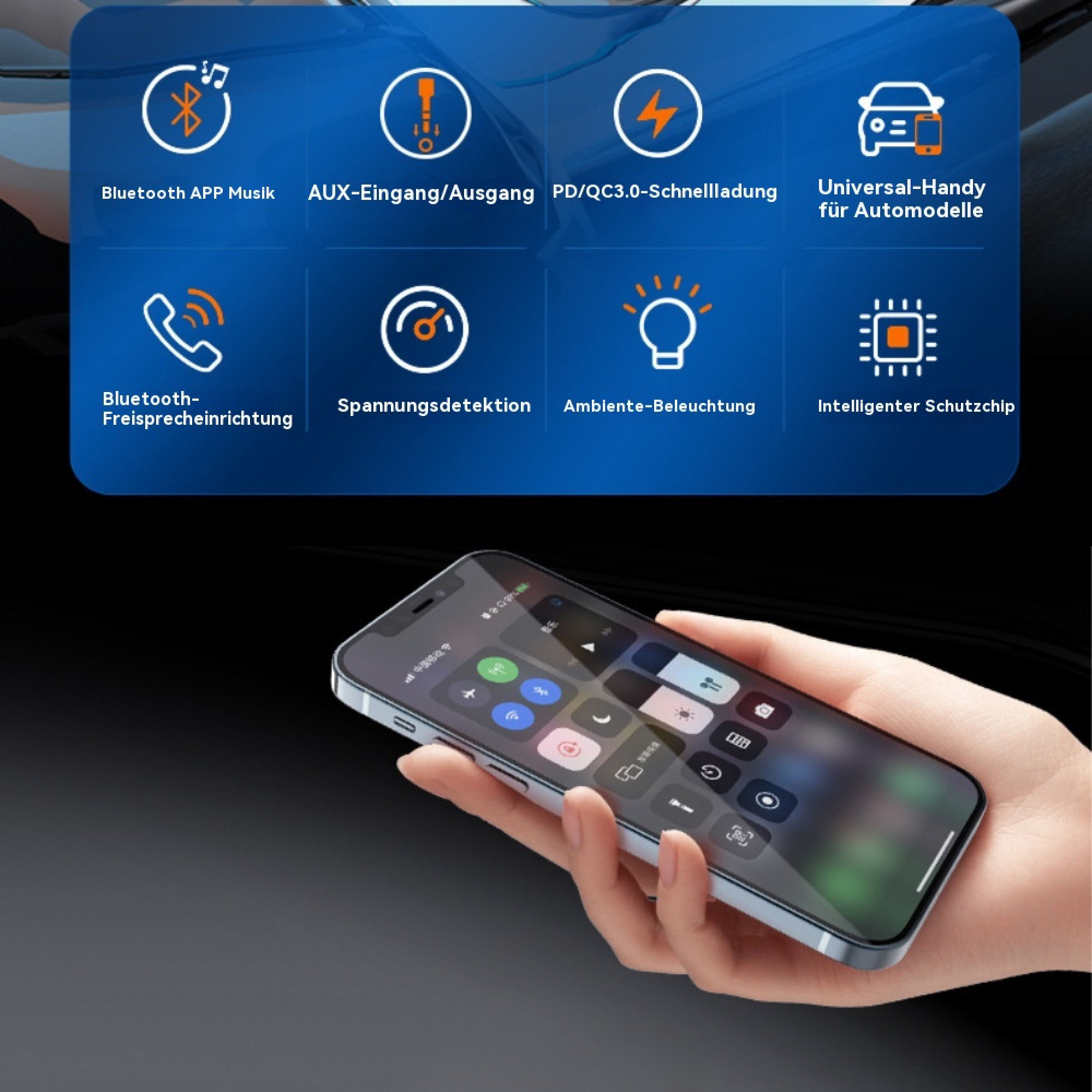Hand hält ein Smartphone, im Hintergrund blaue Grafik mit acht Funktionssymbolen für Auto-Zubehör.