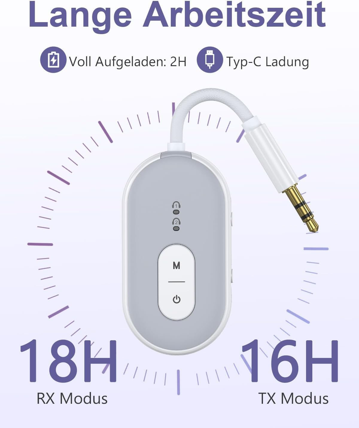 Bluetooth-Adapter mit Kopfhöreranschluss, 18h RX- und 16h TX-Modus, Typ-C-Ladung.
