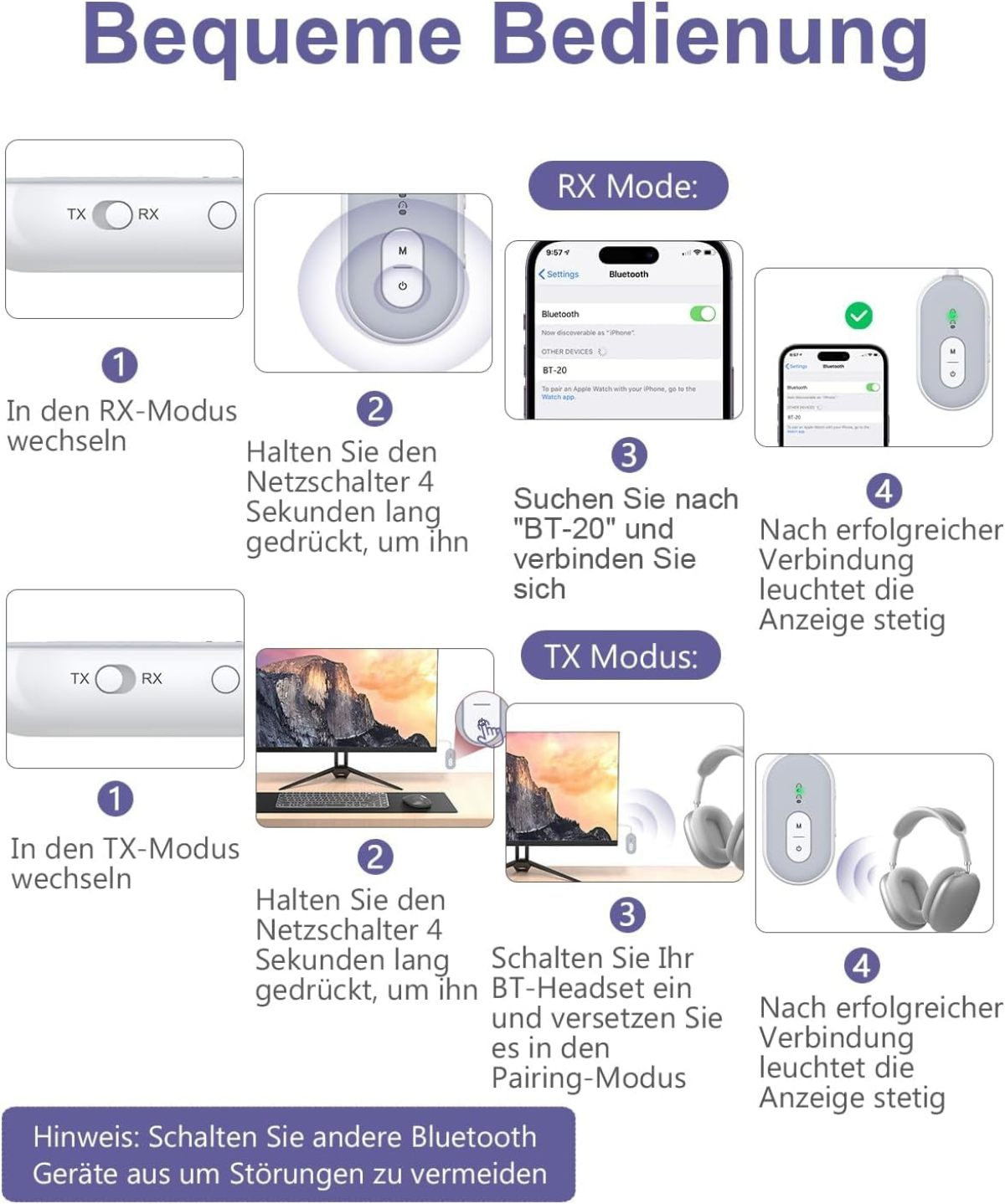 Anleitung zur Bedienung eines Bluetooth-Adapters in RX- und TX-Modi.