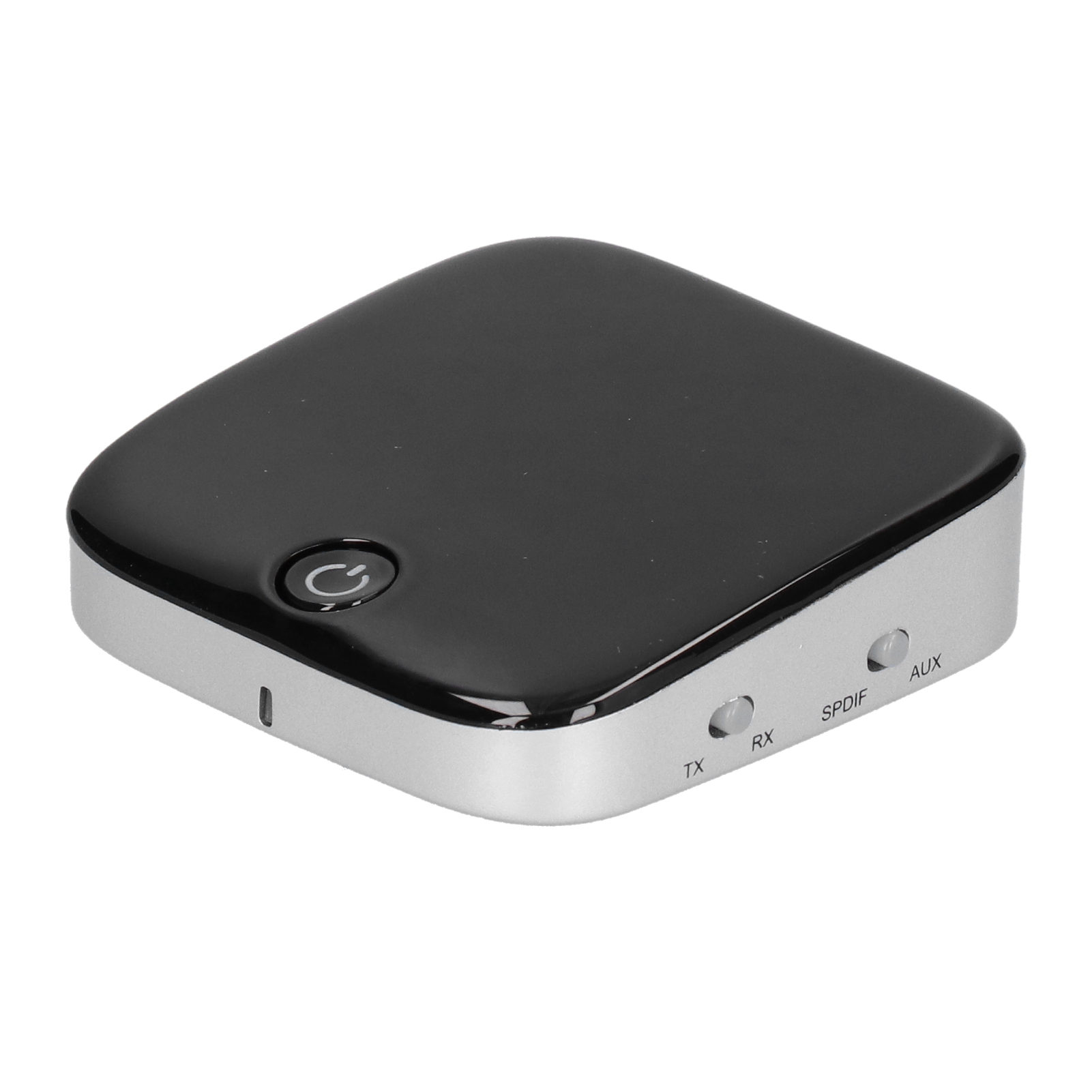 Ein kompakter, schwarzer Bluetooth-Audio-Sender-Empfänger mit Silberrand und runden Tasten auf weißem Hintergrund.