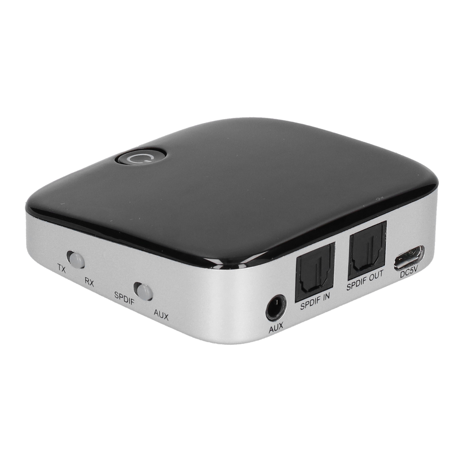 Ein schwarzer und silberner Audio-Adapter mit Ein-Aus-Schalter, TX/RX-Schalter, SPDIF/AUX-Schalter, Audio- und DC5V-Anschluss.
