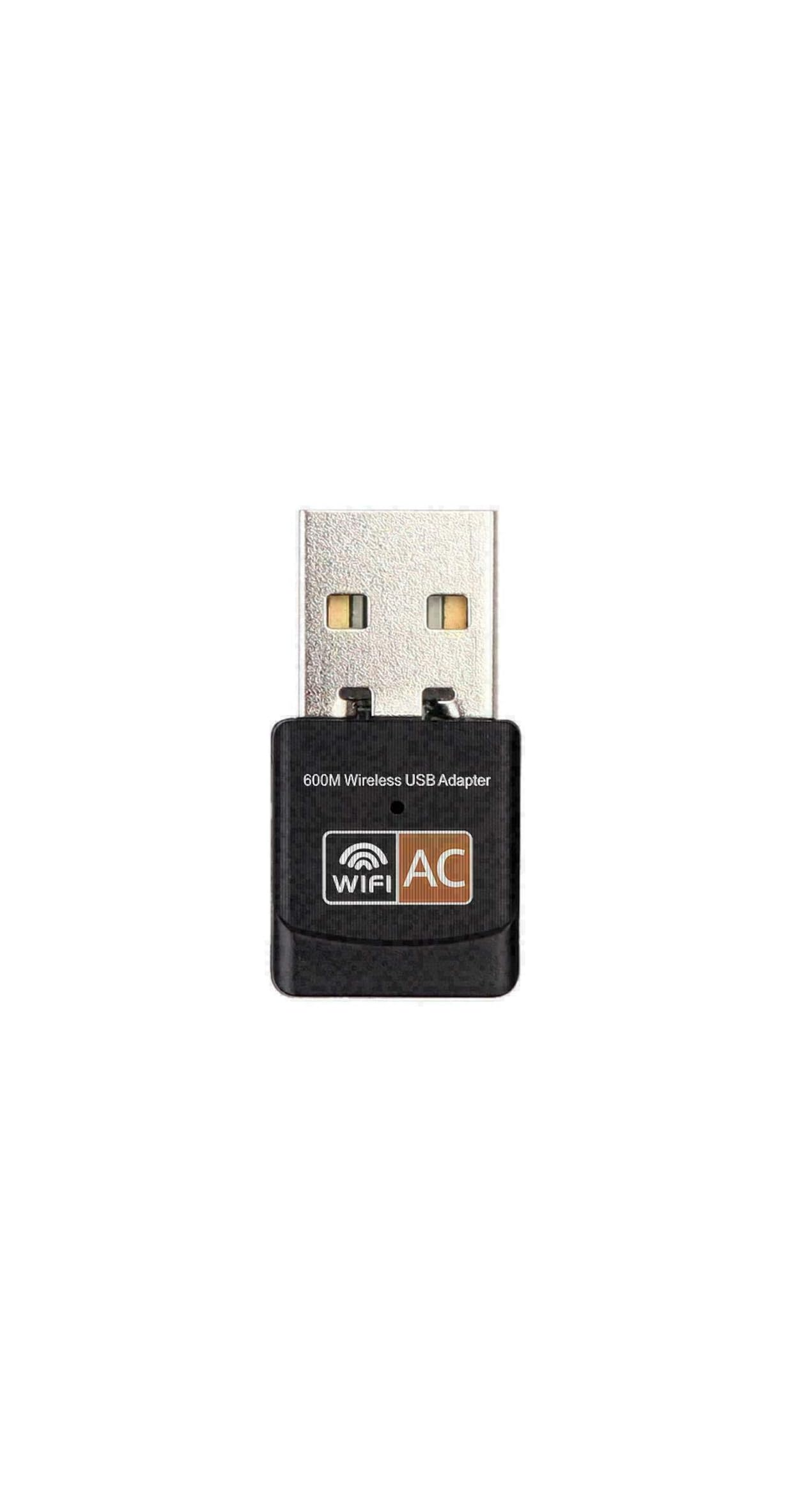 Ein kleiner schwarzer USB-WLAN-Adapter mit Metallanschluss und aufgedrucktem Text gegen einen weißen Hintergrund.