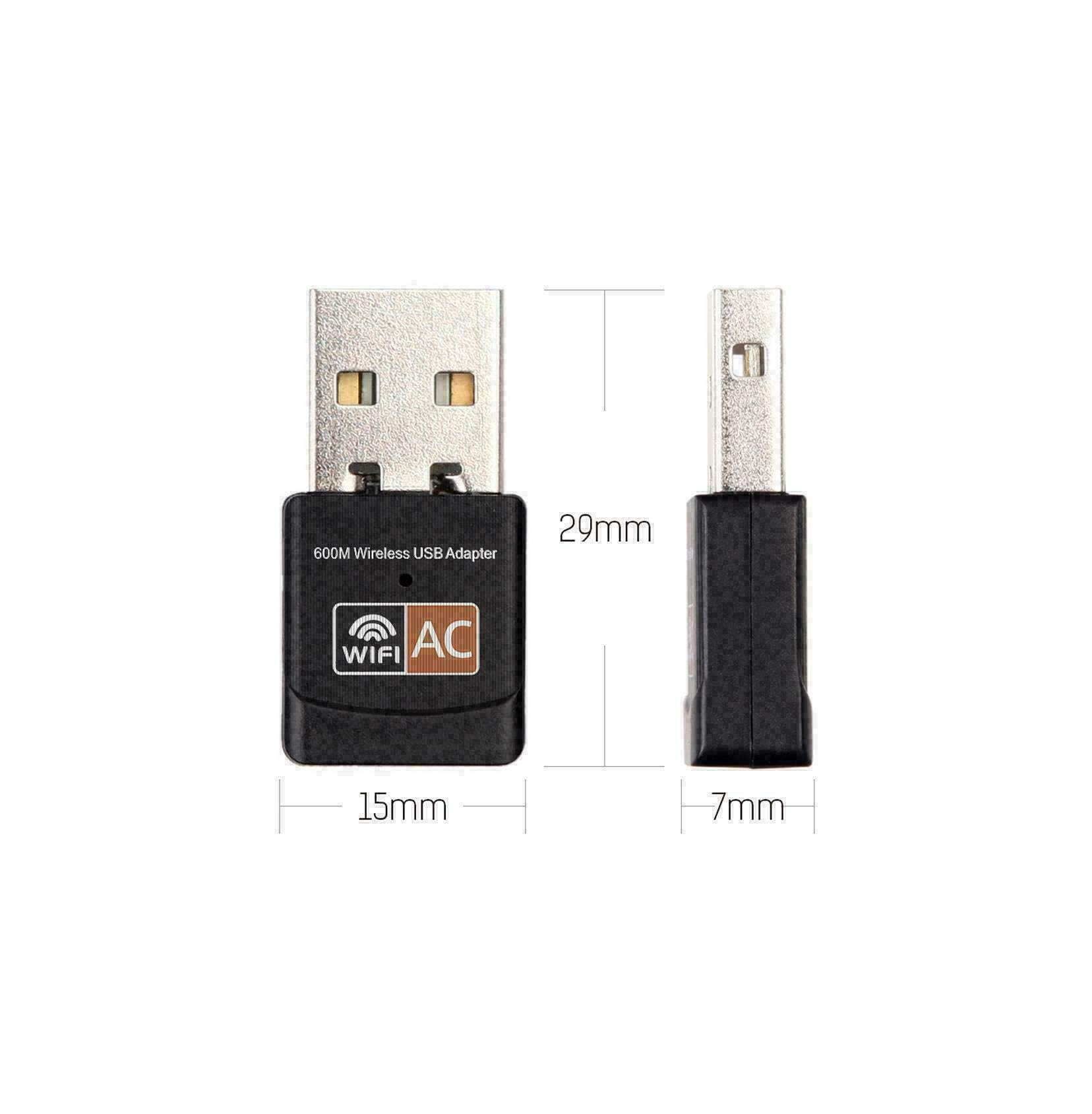 Kleiner schwarzer WLAN-USB-Adapter, 29mm lang, 15mm breit und 7mm dick, mit Maßen.