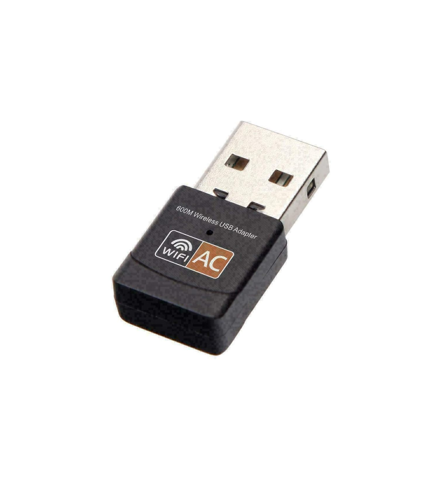Ein kompakter, schwarzer USB-WLAN-Adapter mit Metallanschluss und dem Aufdruck 600M Wireless USB Adapter.