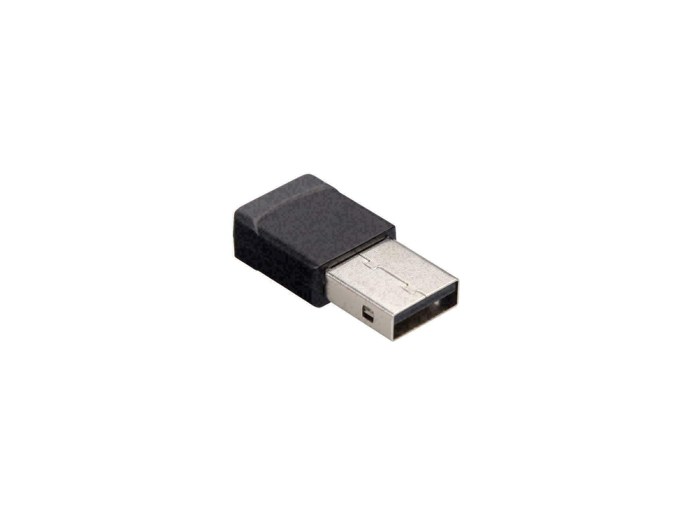 Kleiner schwarzer USB-Adapter mit metallenem Stecker auf weißem Hintergrund.