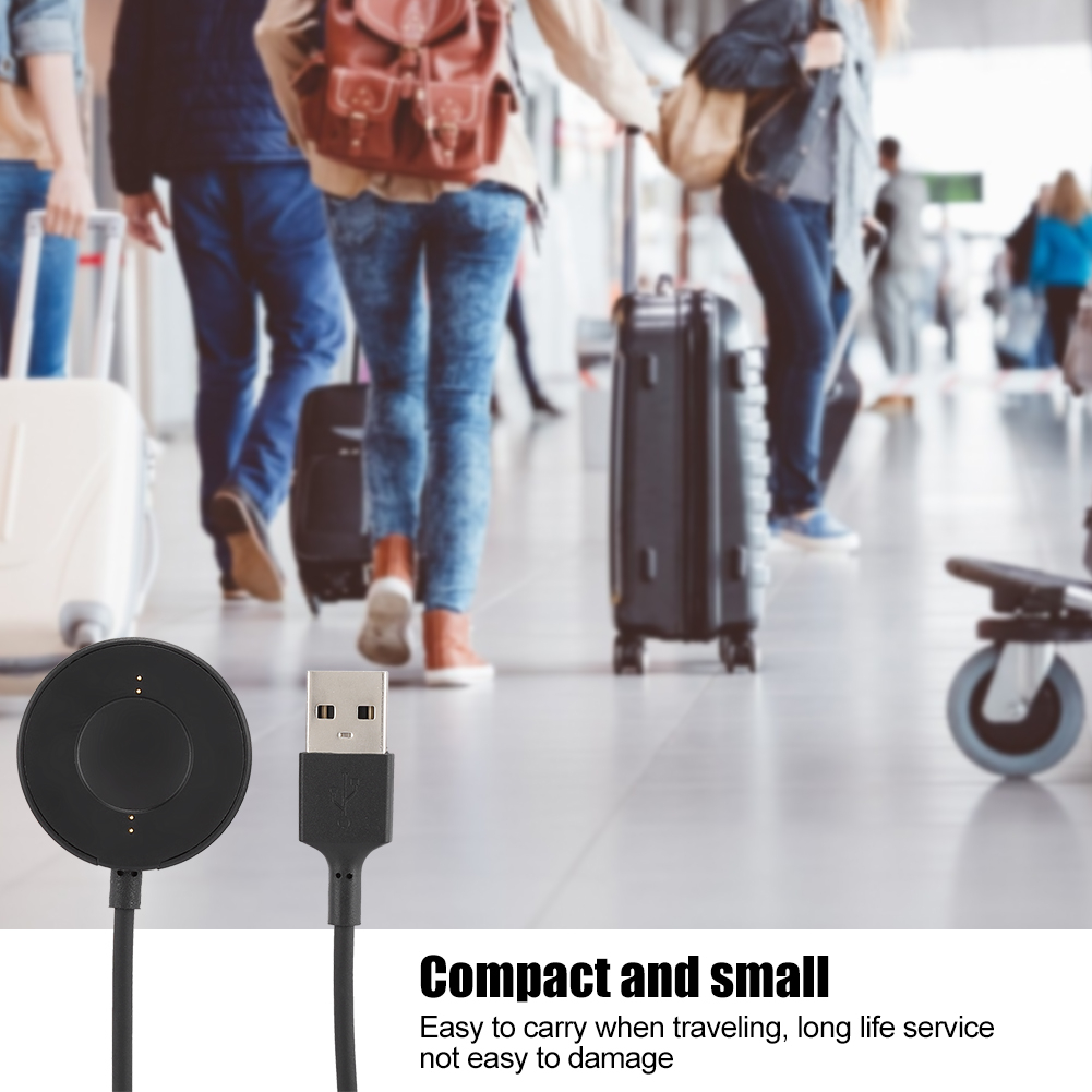 Ein schwarzes Smartwatch-Magnetladekabel mit USB-Anschluss vor verschwommenem Flughafenhintergrund.