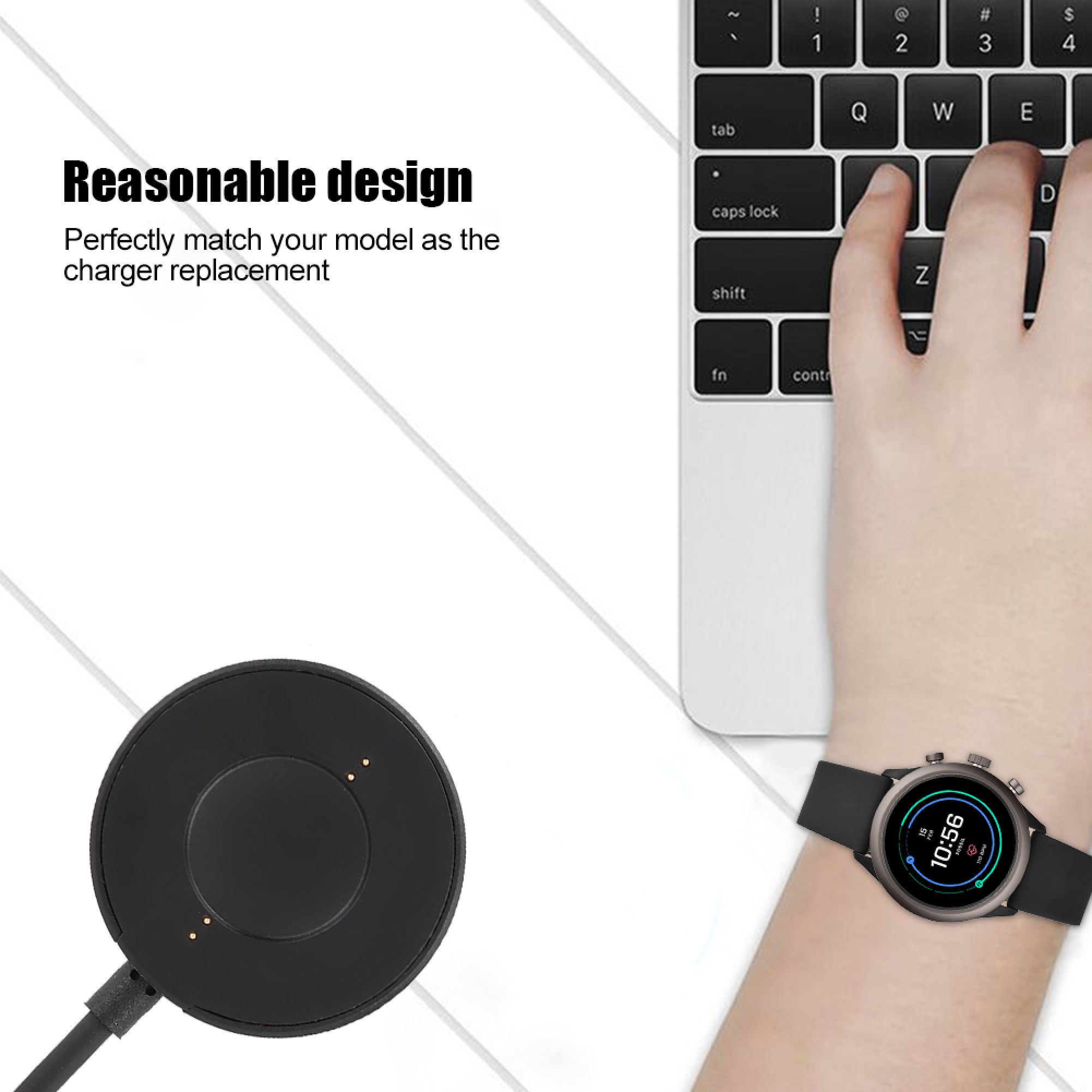 Handgelenk mit schwarzer Smartwatch neben einer Ladeplatte und einer Laptop-Tastatur.