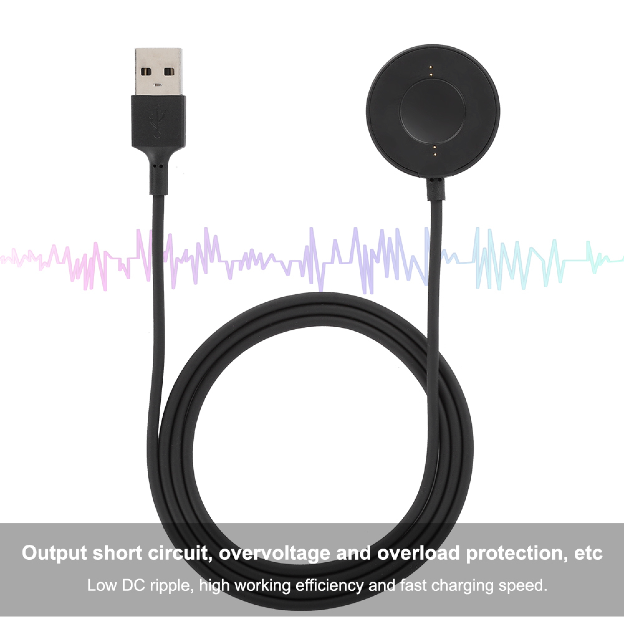 Ein schwarzes USB-Ladekabel mit runden Magnetkontakten auf weißem Hintergrund.
