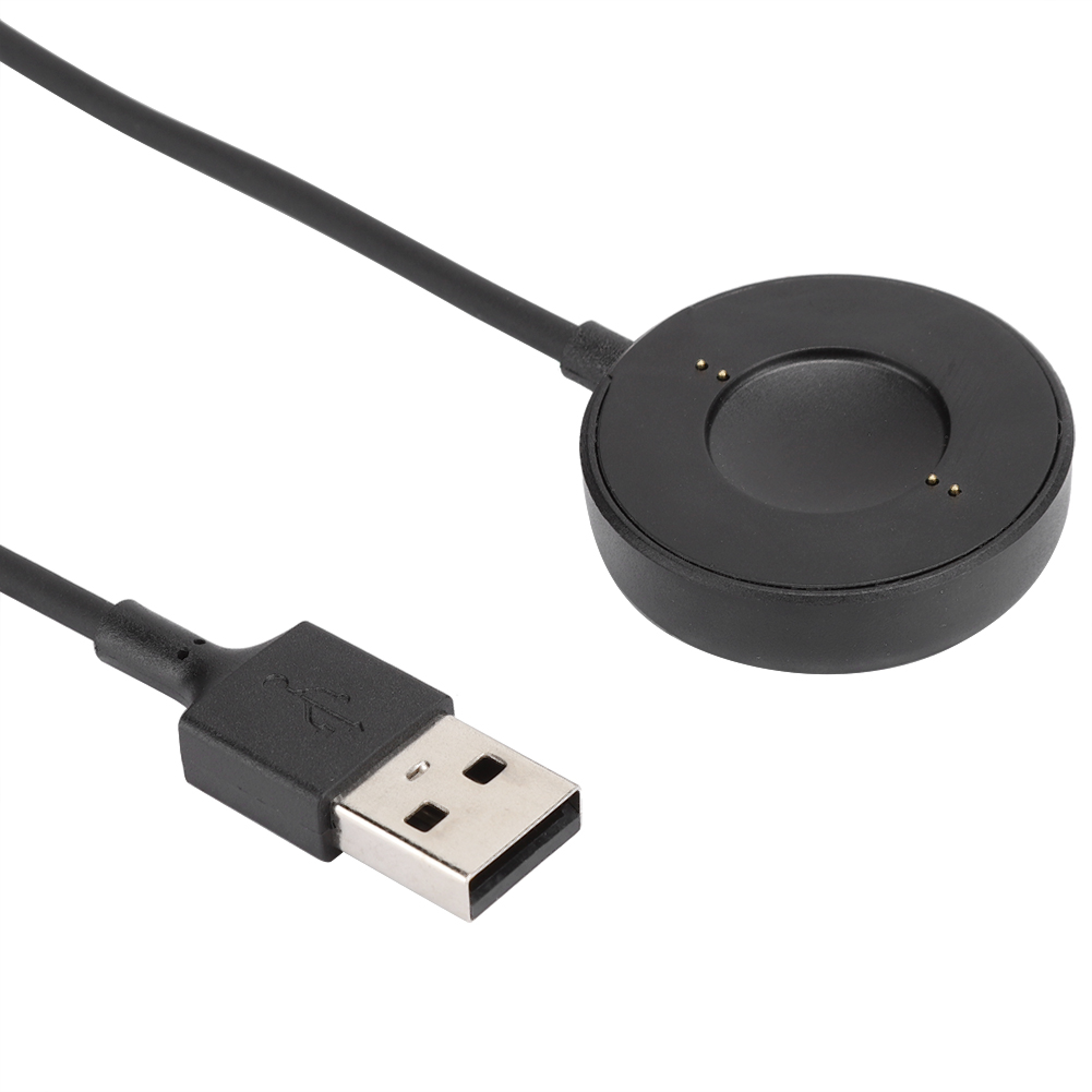 Ein schwarzes Smartwatch-Ladekabel mit USB-A-Anschluss auf einer weißen Oberfläche.