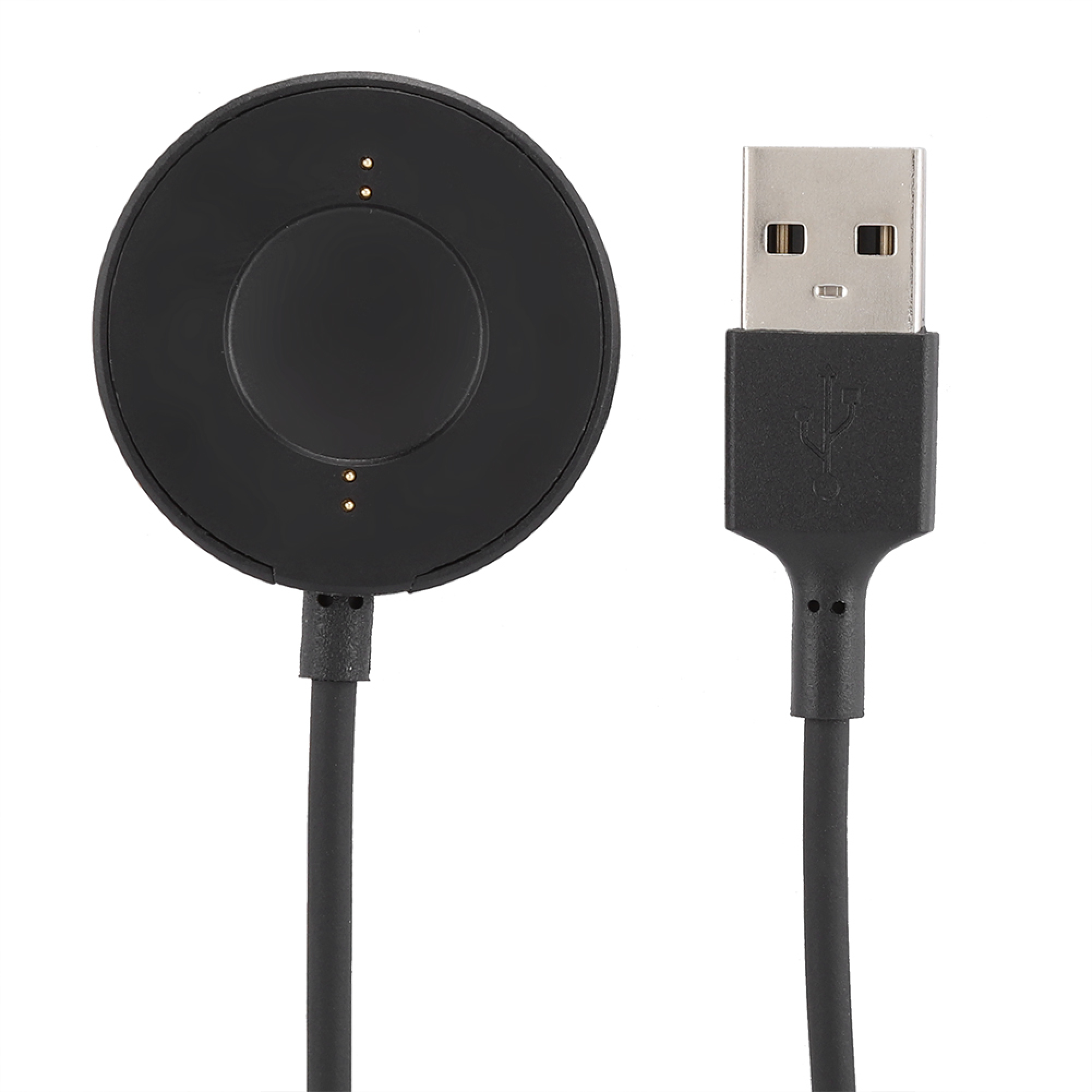 Ein schwarzes Smartwatch-Ladekabel mit runder Magnetplatte und USB-A-Anschluss.