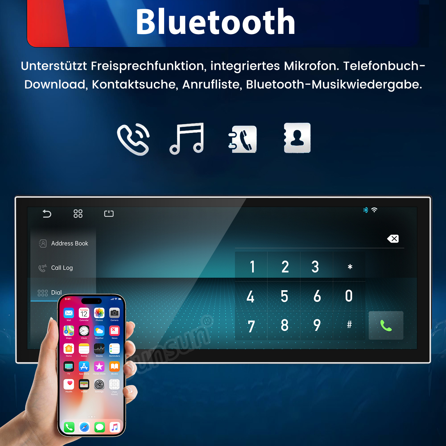 Bluetooth-Display im Auto mit Wähltastatur und Smartphone im Vordergrund.
