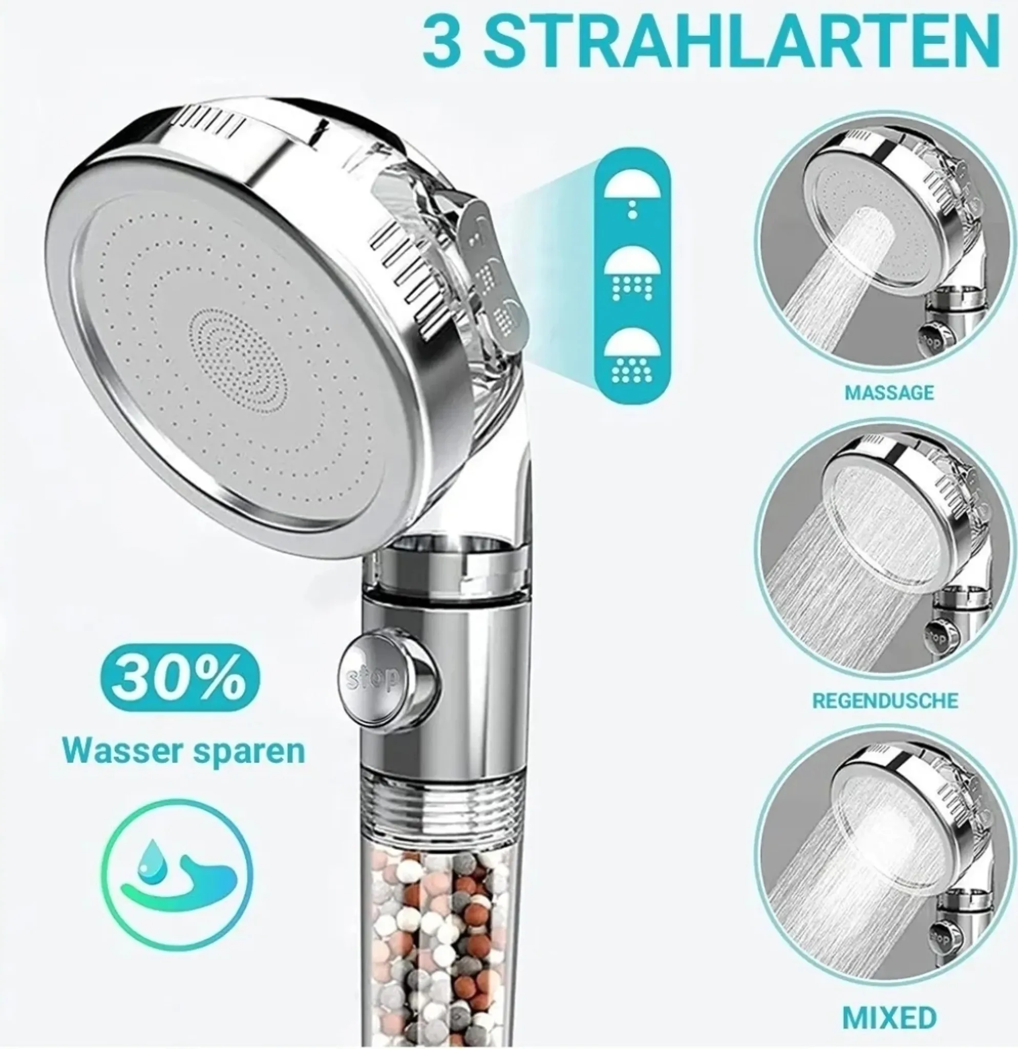 Glänzender Duschkopf mit Wassersparfunktion, Stop-Taste und drei Strahlarten.