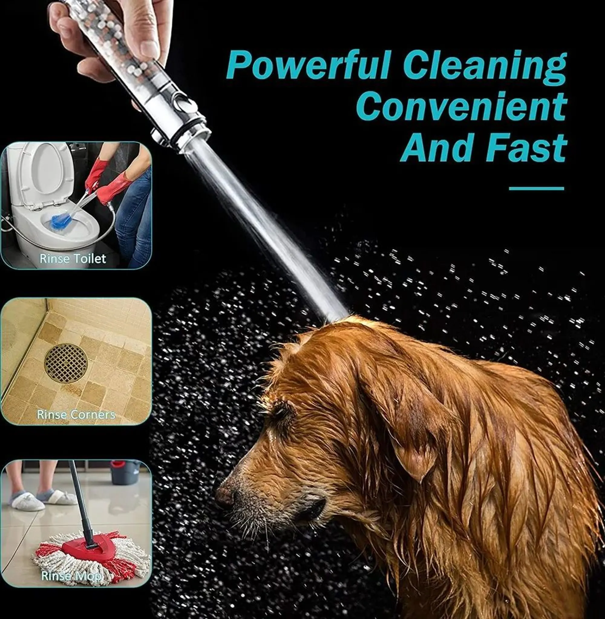 Ein Duschkopf sprüht Wasser auf einen nassen Hund, mit Inset-Bildern einer Toilette, eines Abflusses und eines Mopps.