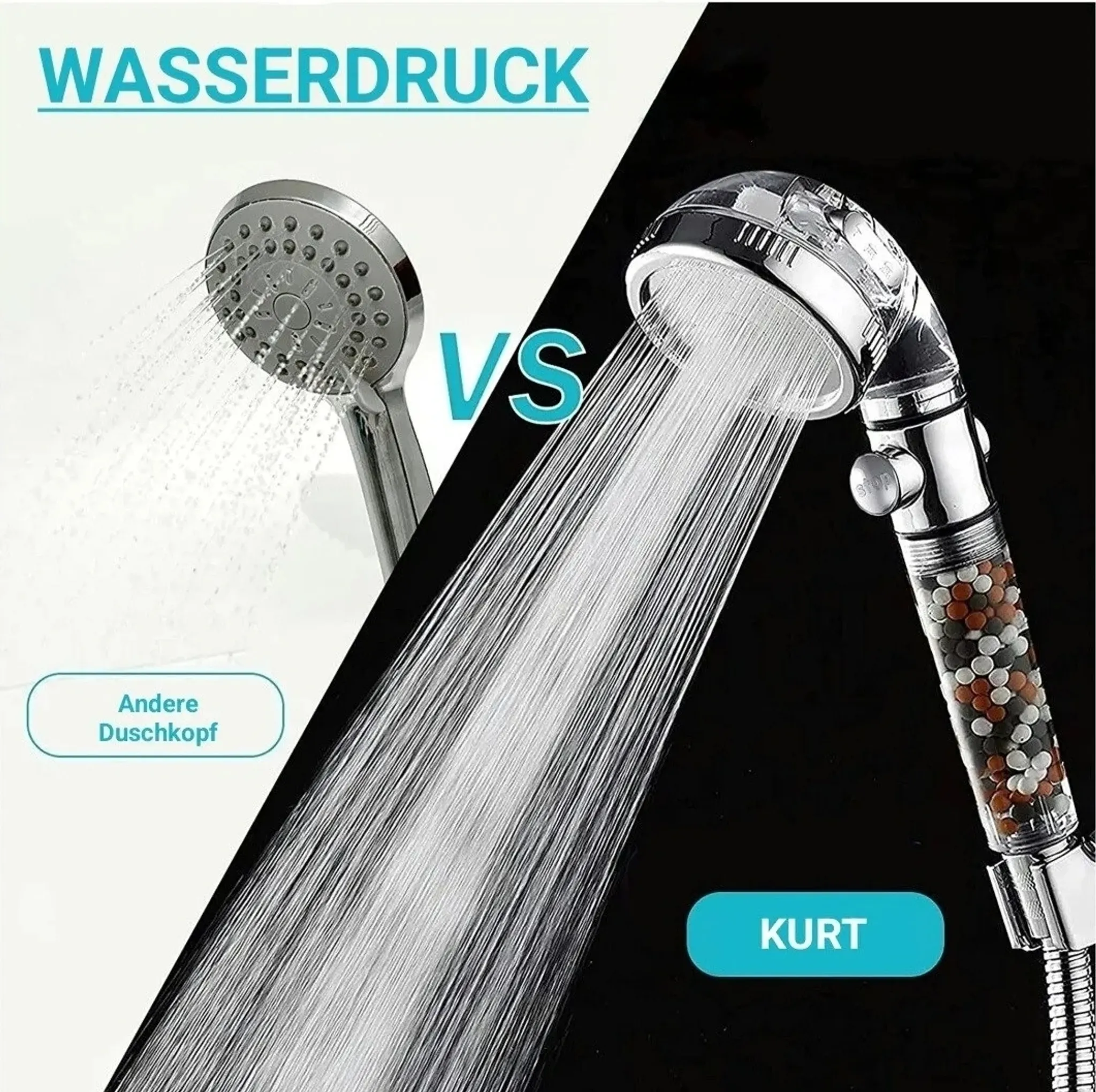 Vergleich zweier Duschköpfe zeigt den starken Wasserdruck eines Modells mit Mineralperlen.
