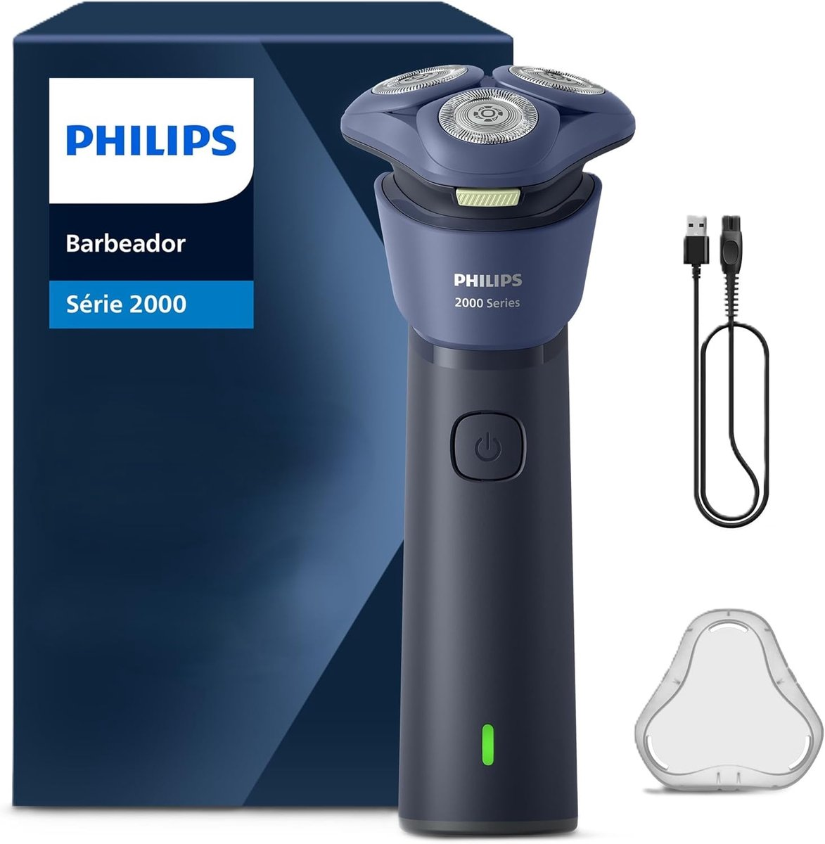Rasoio elettrico blu Philips Serie 2000 con scatola, cavo di ricarica e cappuccio protettivo.