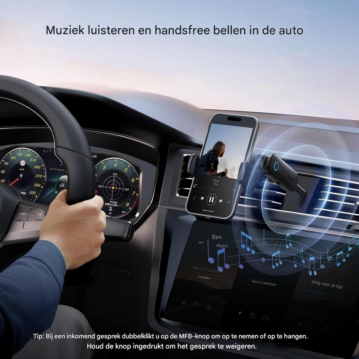 Smartphone und Bluetooth-Adapter in der Autohalterung an den Lüftungsschlitzen, mit Musiknoten und Textoverlay.