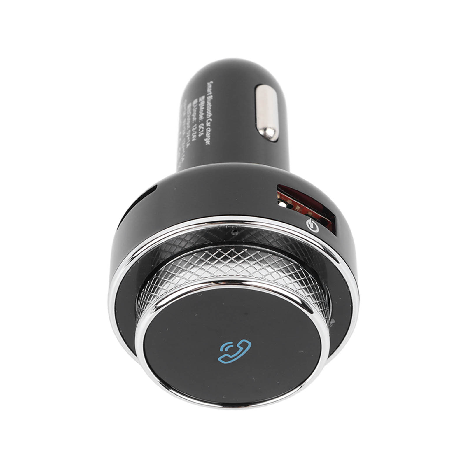Ein schwarzes Smart-Bluetooth-Autoladegerät mit silbernem Drehknopf, USB-Anschluss und weißer Aufschrift auf weißem Grund.