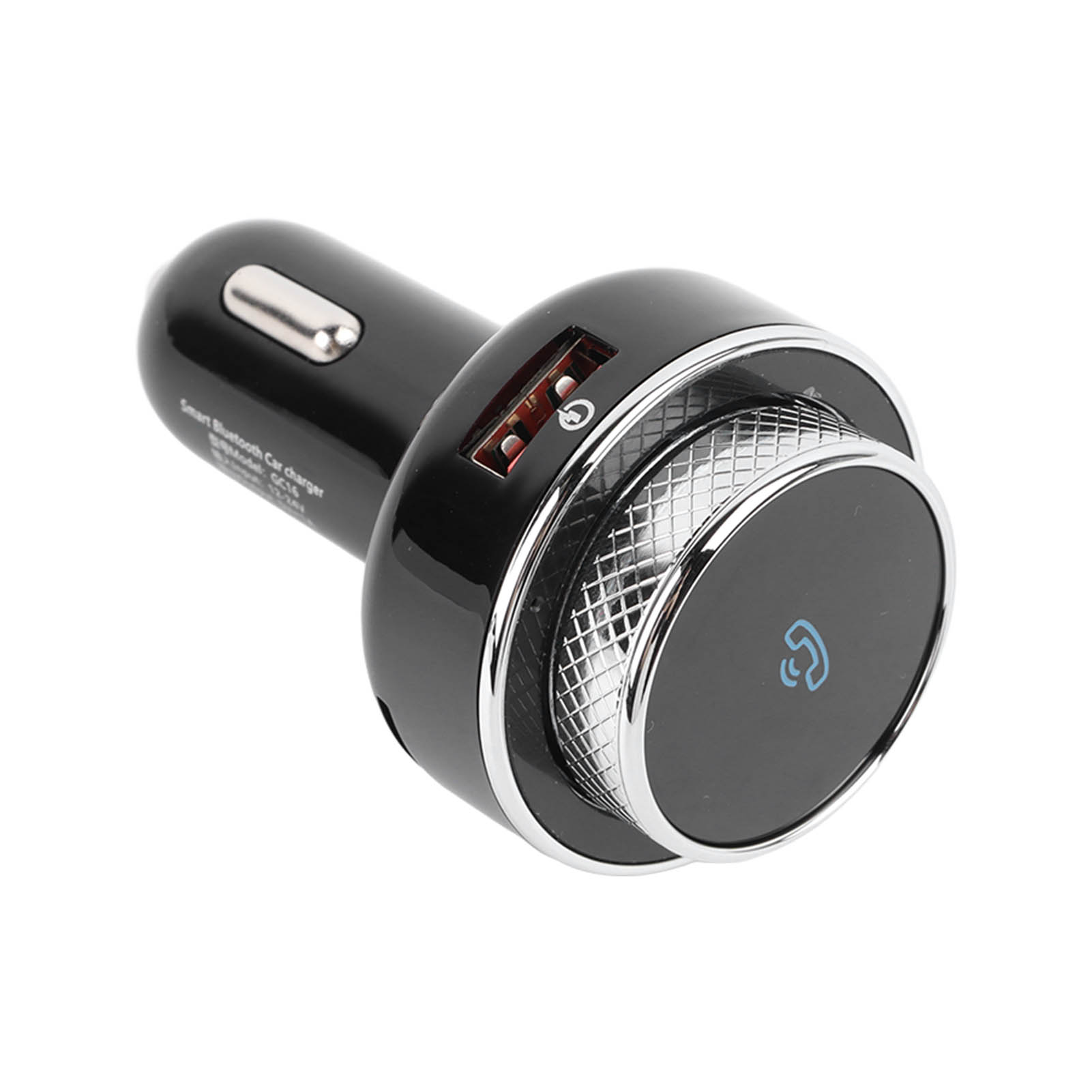 Ein schwarzes Bluetooth-Autoladegerät mit Silberrand, USB-Anschlüssen und einem zentralen Regler.
