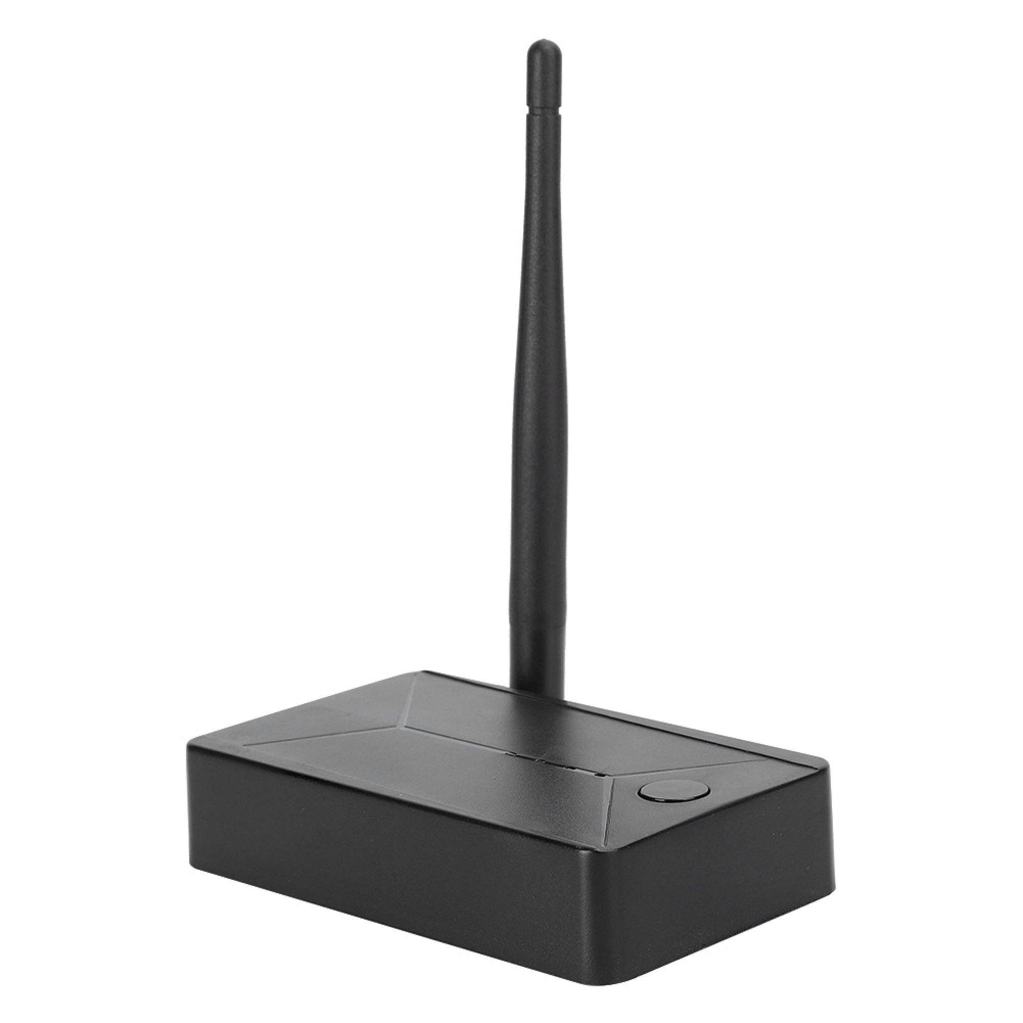 Ein schwarzes, kastenförmiges elektronisches Gerät mit einer vertikalen Antenne und einem runden Knopf auf einer weißen Fläche.