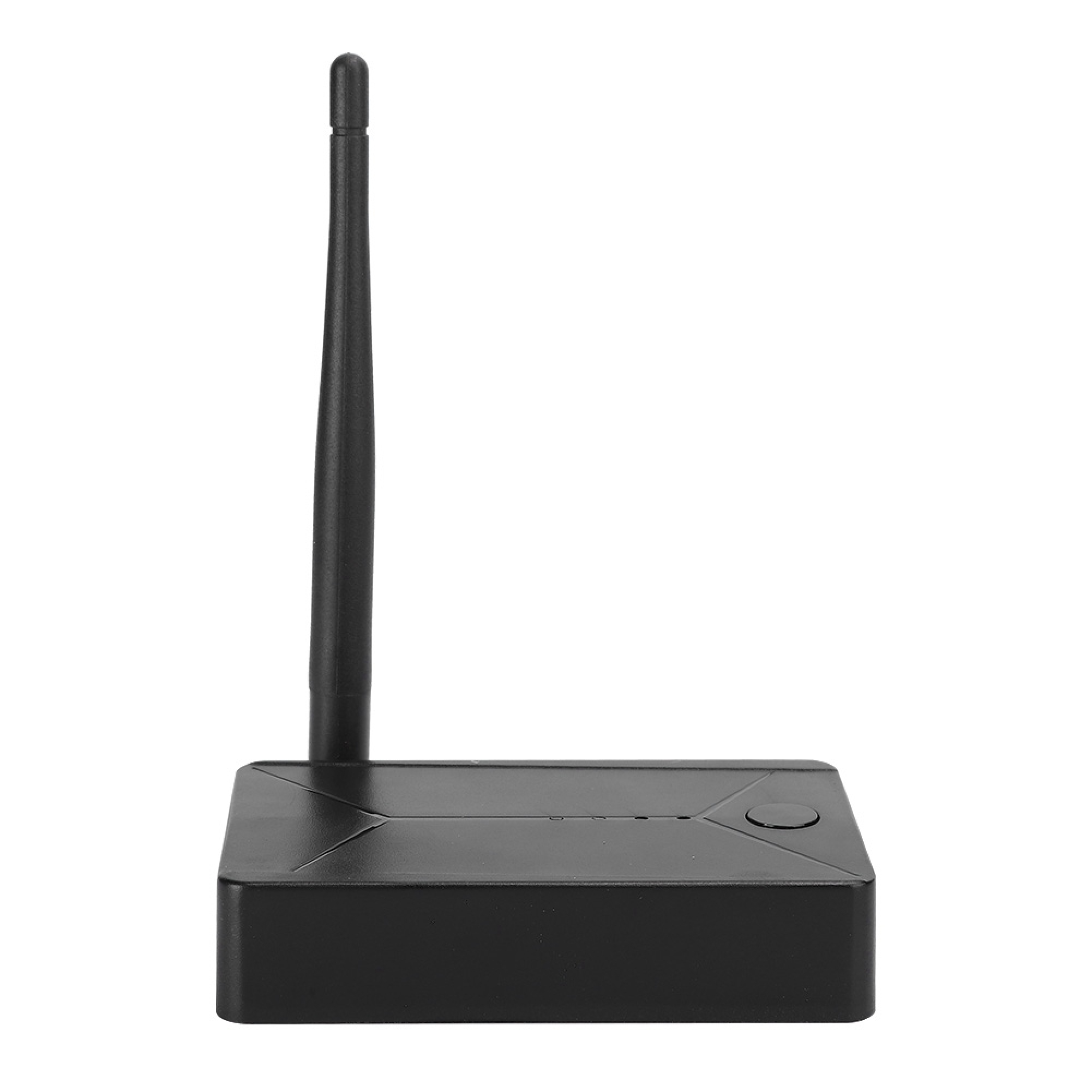 Ein schwarzer, kompakter Router mit einer einzelnen stehenden Antenne und einem runden Knopf auf der Oberseite.