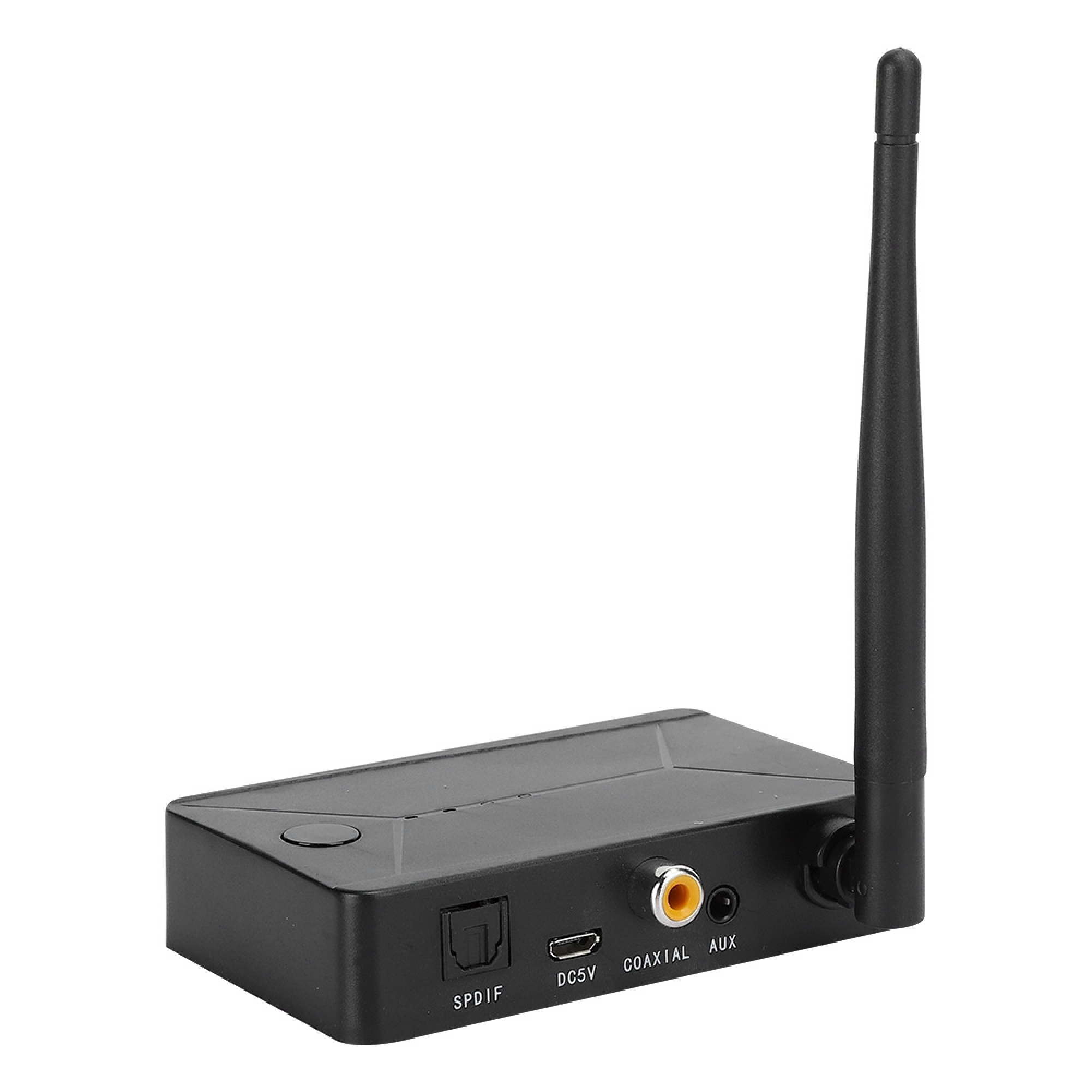 Schwarzes Audio-Empfangsgerät mit vertikaler Antenne und verschiedenen Anschlüssen auf weißem Hintergrund.