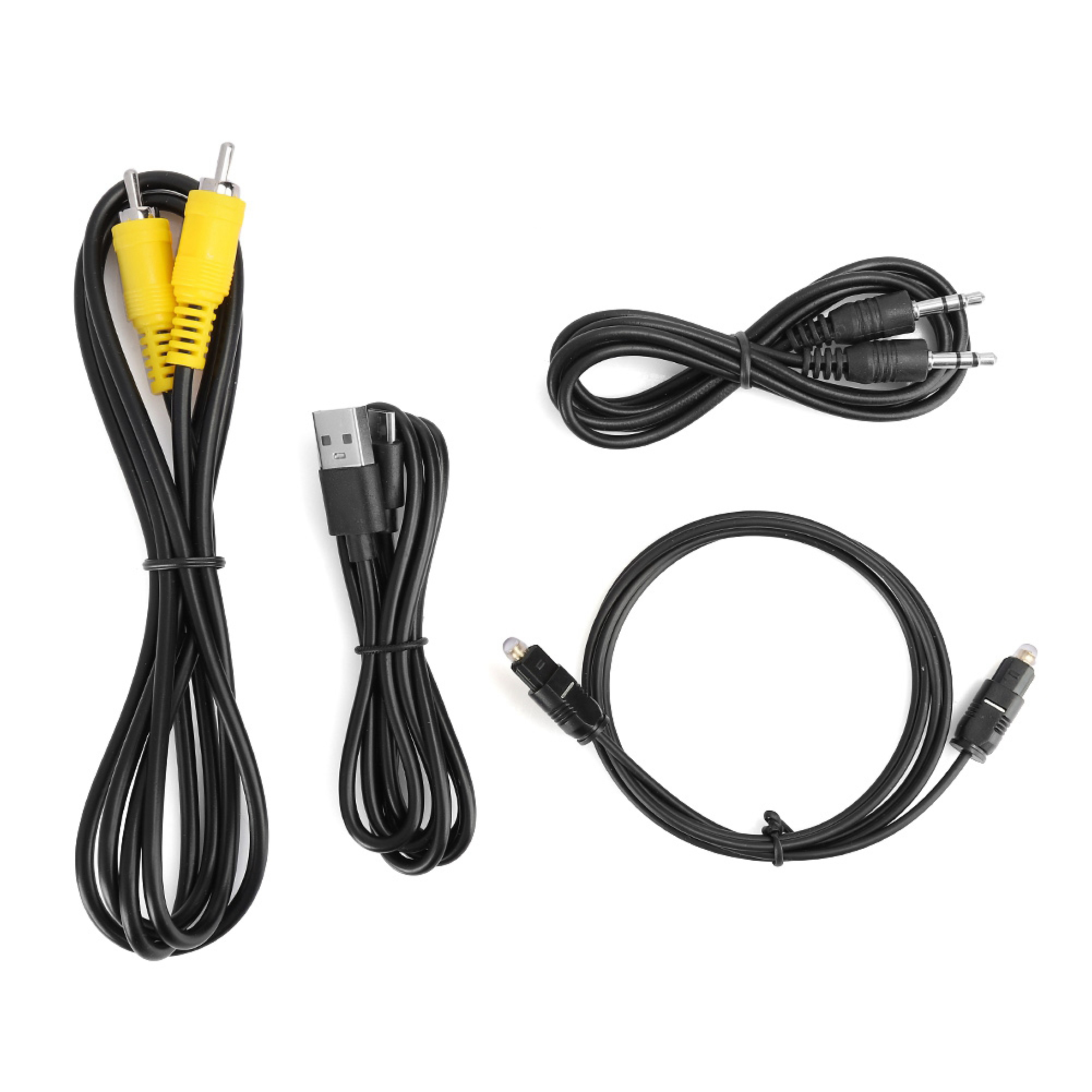 Vier verschiedene schwarze Audiovideokabel mit gelben Cinch-, USB-, Aux- und optischen Anschlüssen.