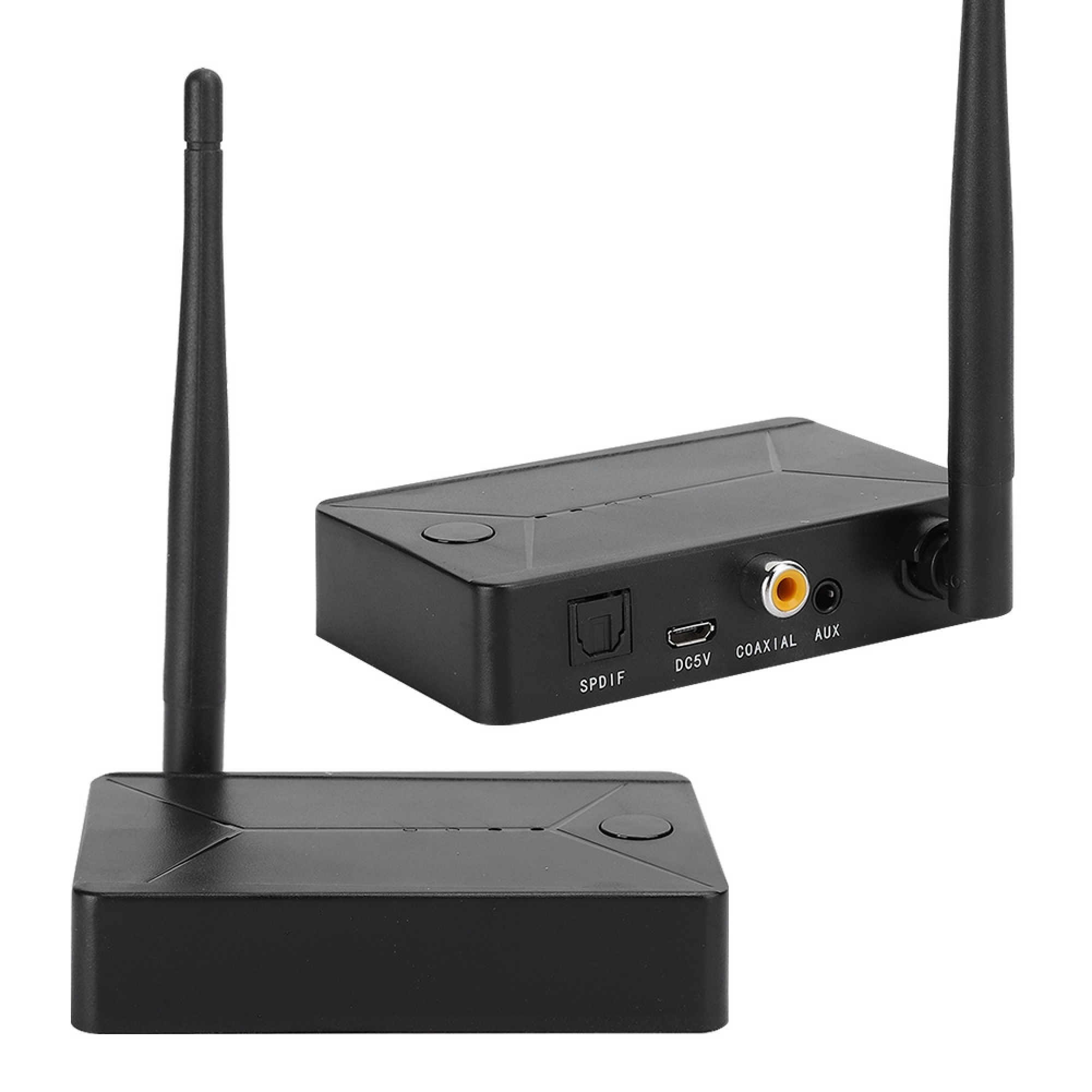Zwei schwarze Audio-Empfänger mit Antennen und verschiedenen Anschlüssen wie SPDIF und Coaxial.