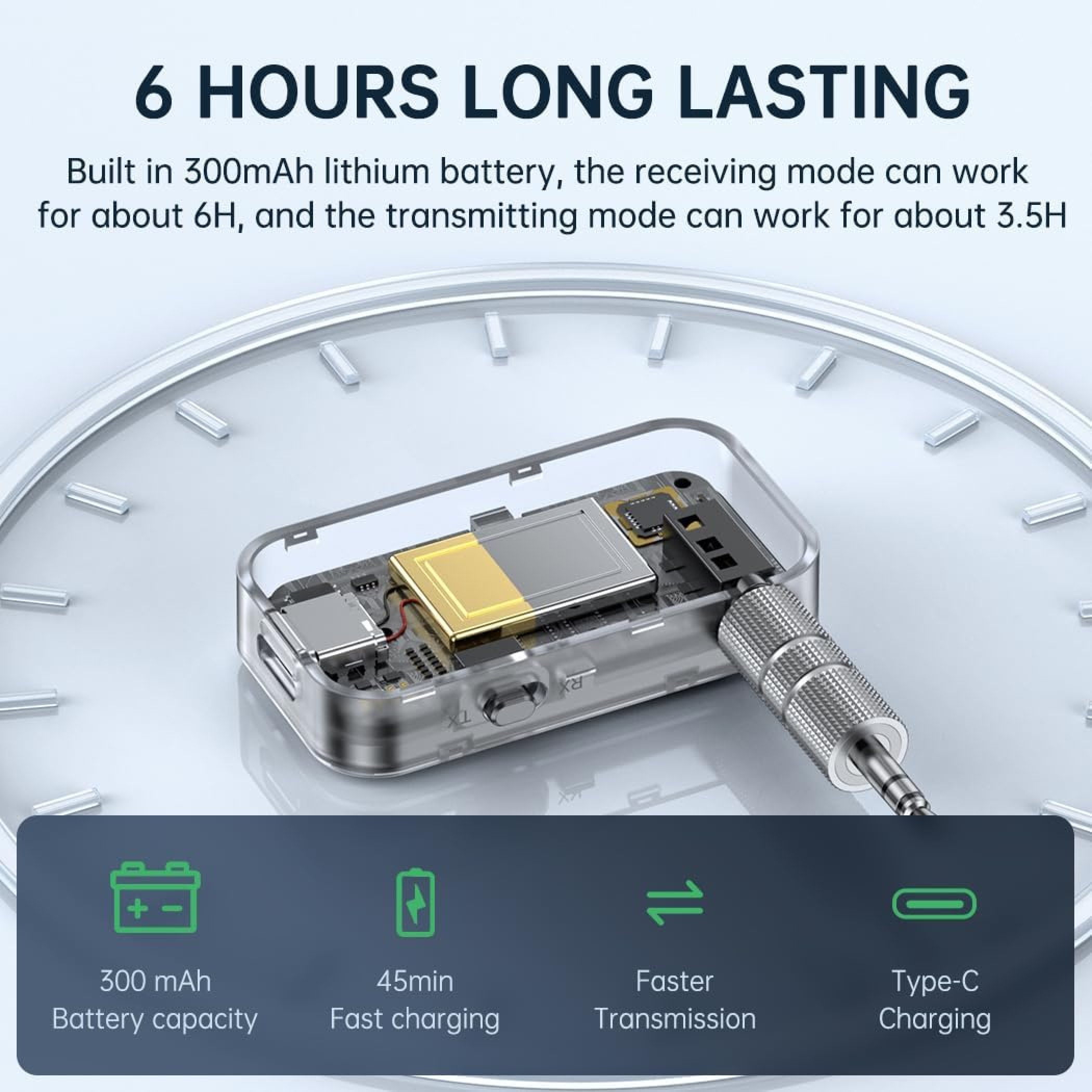 Ein transparenter Audioadapter zeigt seine interne Platine mit Batterie- und Ladedaten.