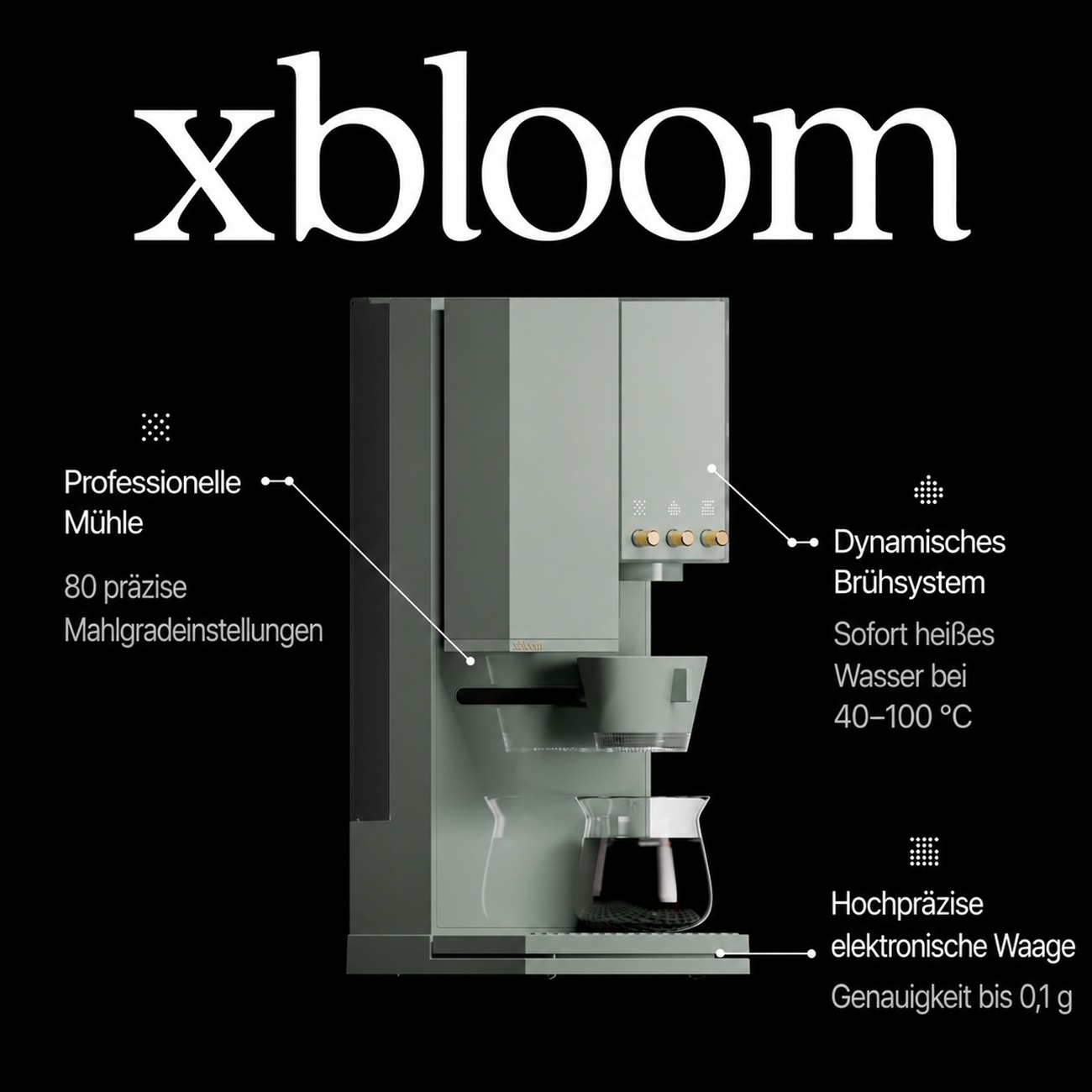Grüne xBloom Kaffeemaschine vor schwarzem Hintergrund mit deutschen Beschriftungen der Produktmerkmale.