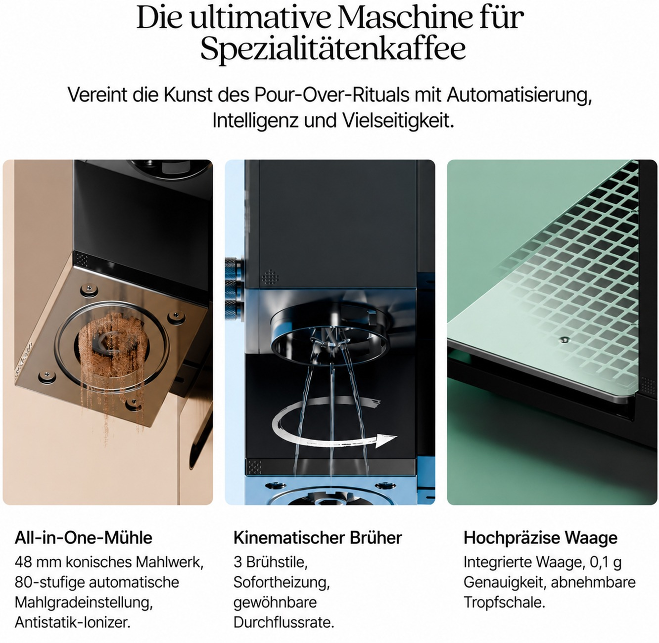 Werbebild für Kaffeemaschine mit Grinder, Brüher und Waage und deutscher Beschreibung.
