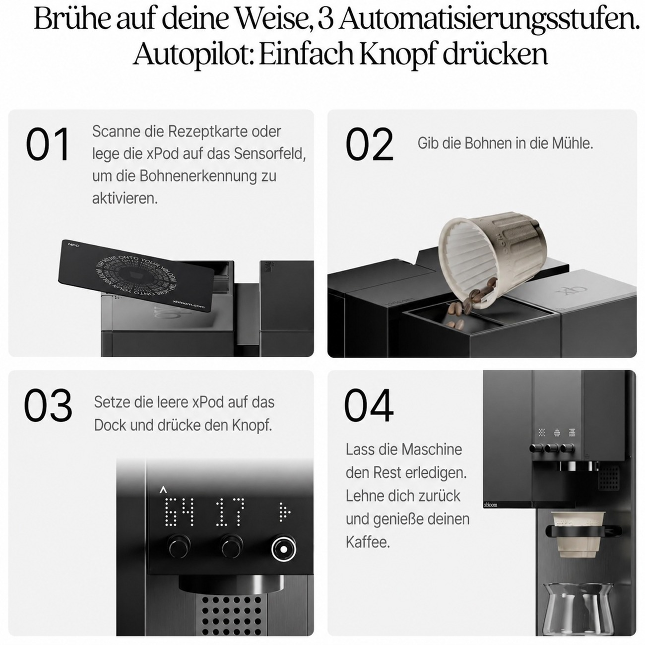 Vier Schritte zur Kaffeezubereitung mit einer Kaffeemaschine und Anweisungen.