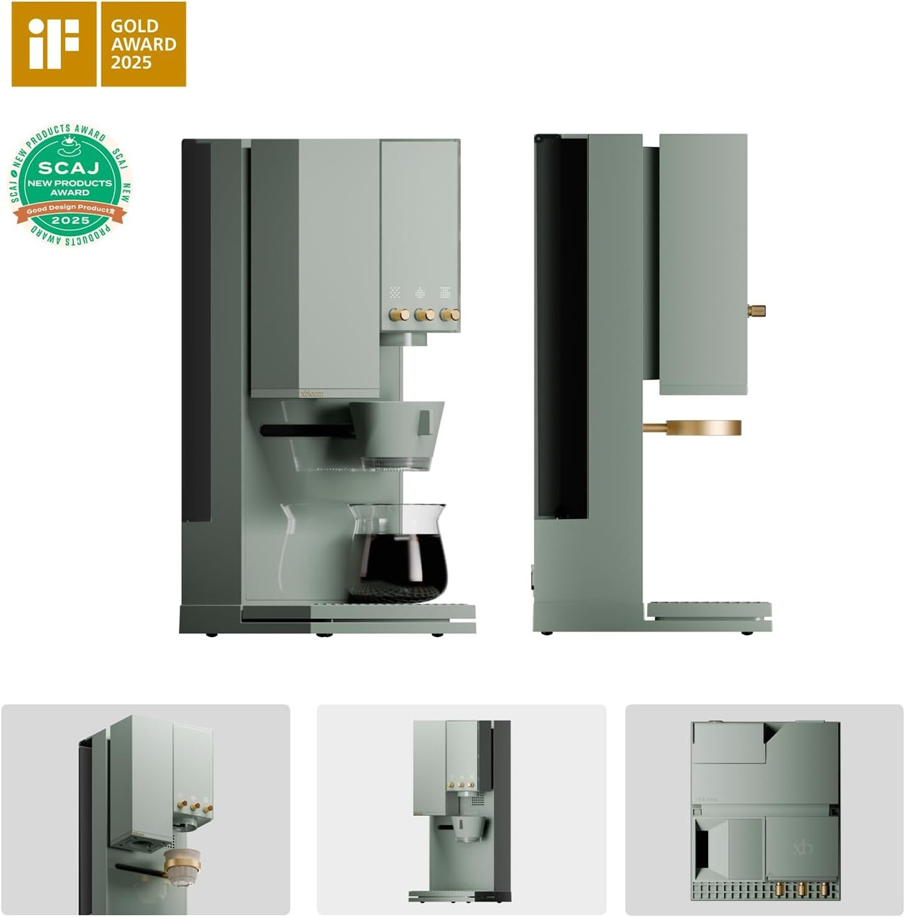 Moderne salbeigrüne Kaffeemaschine mit Glaskaraffe, gezeigt aus mehreren Blickwinkeln mit zwei Design-Auszeichnungen.