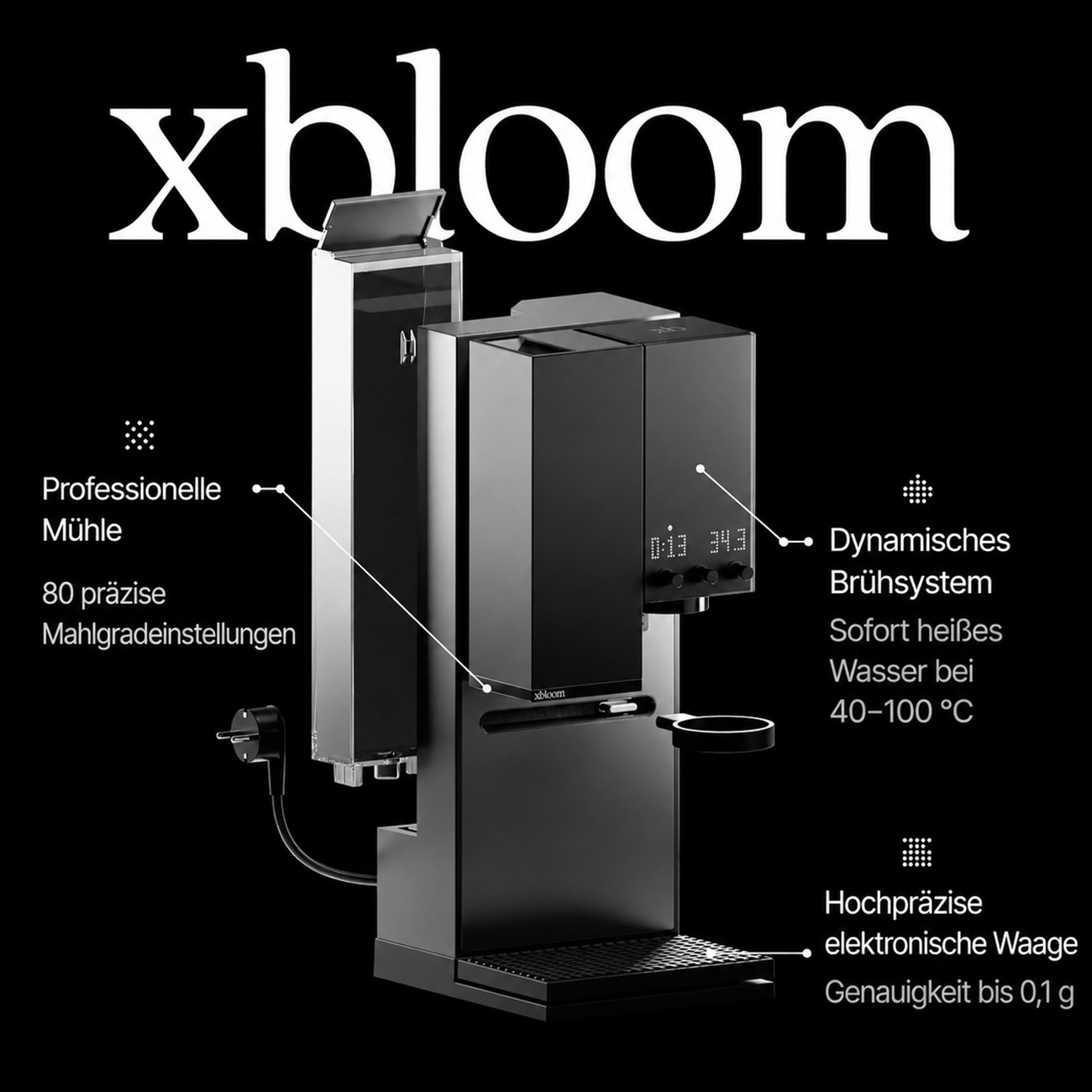 Schwarze xBloom Kaffeemaschine mit integrierter Mühle und Waage vor schwarzem Hintergrund mit deutscher Beschriftung.