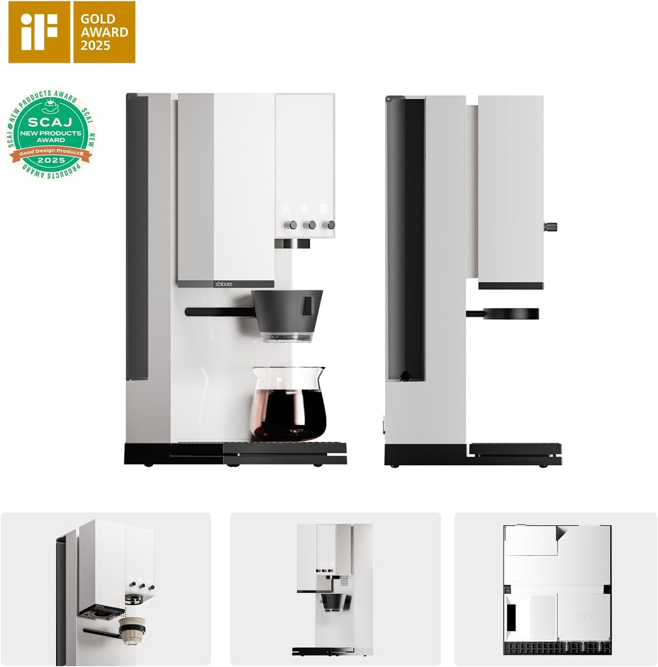 Weiße und schwarze moderne Kaffeemaschine aus mehreren Blickwinkeln mit Auszeichnungen.