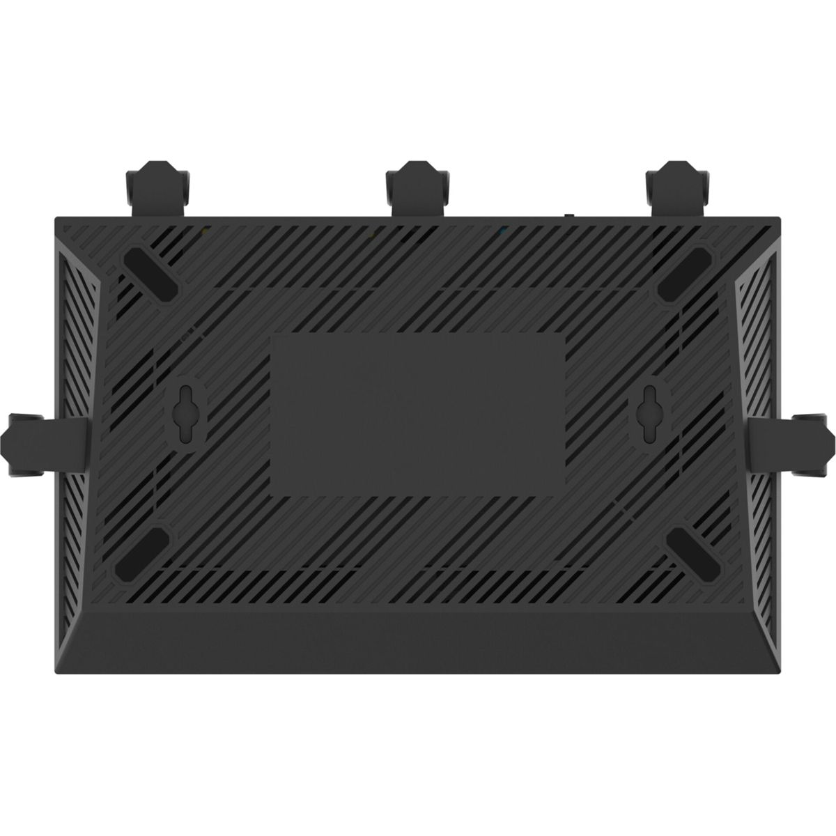 Unterseite eines schwarzen Routers mit Lüftungsschlitzen und fünf abstehenden Antennen.