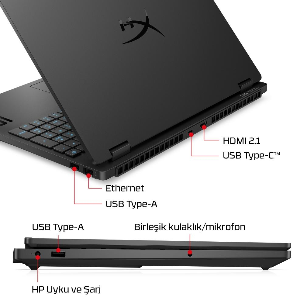 HDMI, USB Type-C, USB Type-A, Ethernet ve ses jakı gibi çeşitli bağlantı noktalarını gösteren siyah dizüstü bilgisayar.