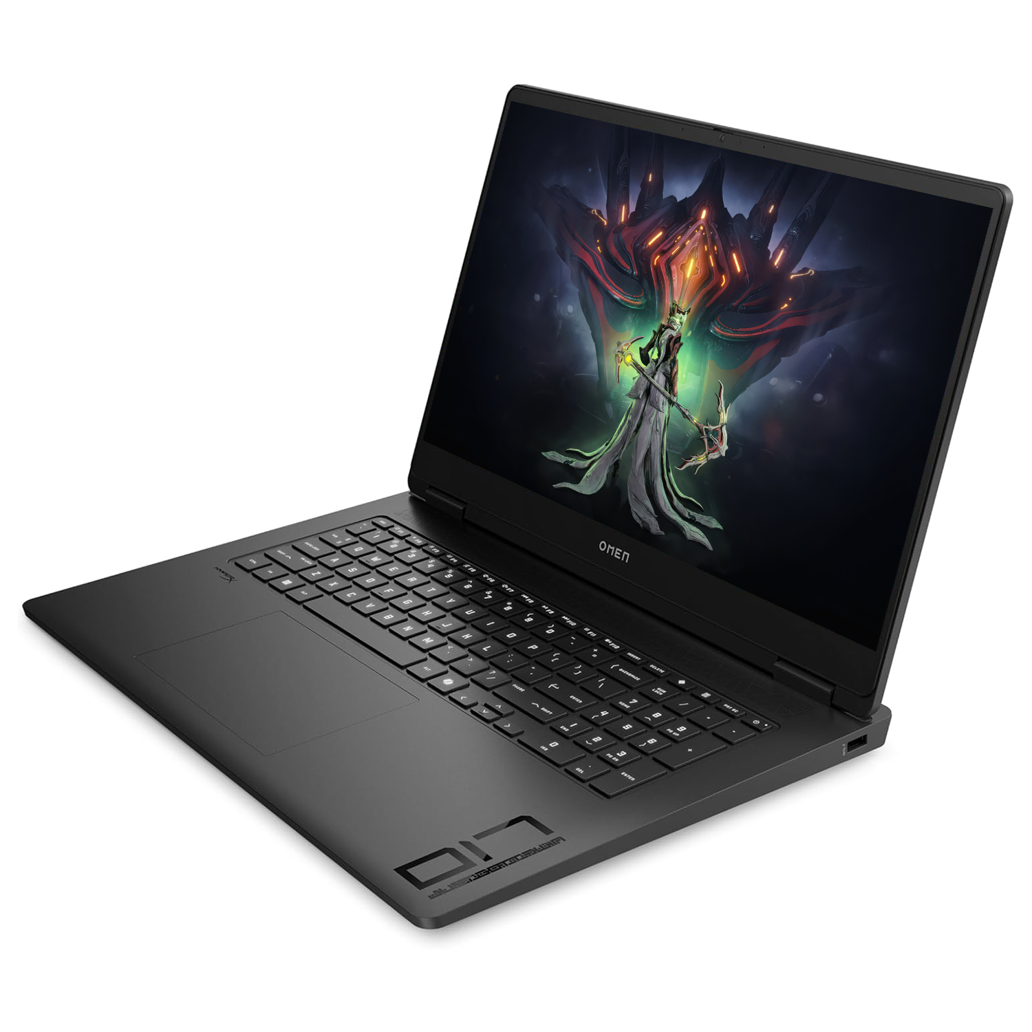 Beyaz arkaplanda siyah bir HP Omen dizüstü bilgisayar, fantastik karakter duvar kağıdı gösteriyor.