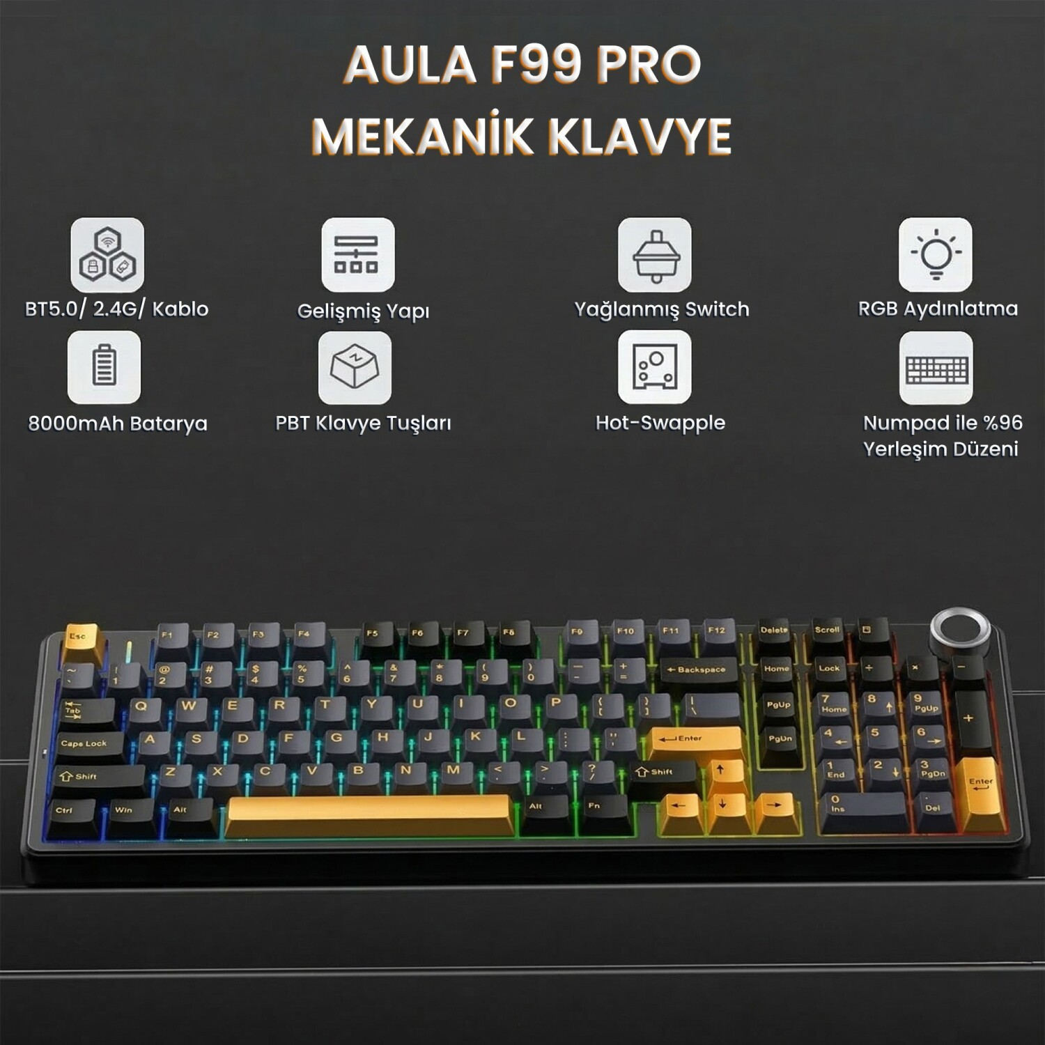 RGB aydınlatmalı ve simgeli AULA F99 PRO mekanik klavye.