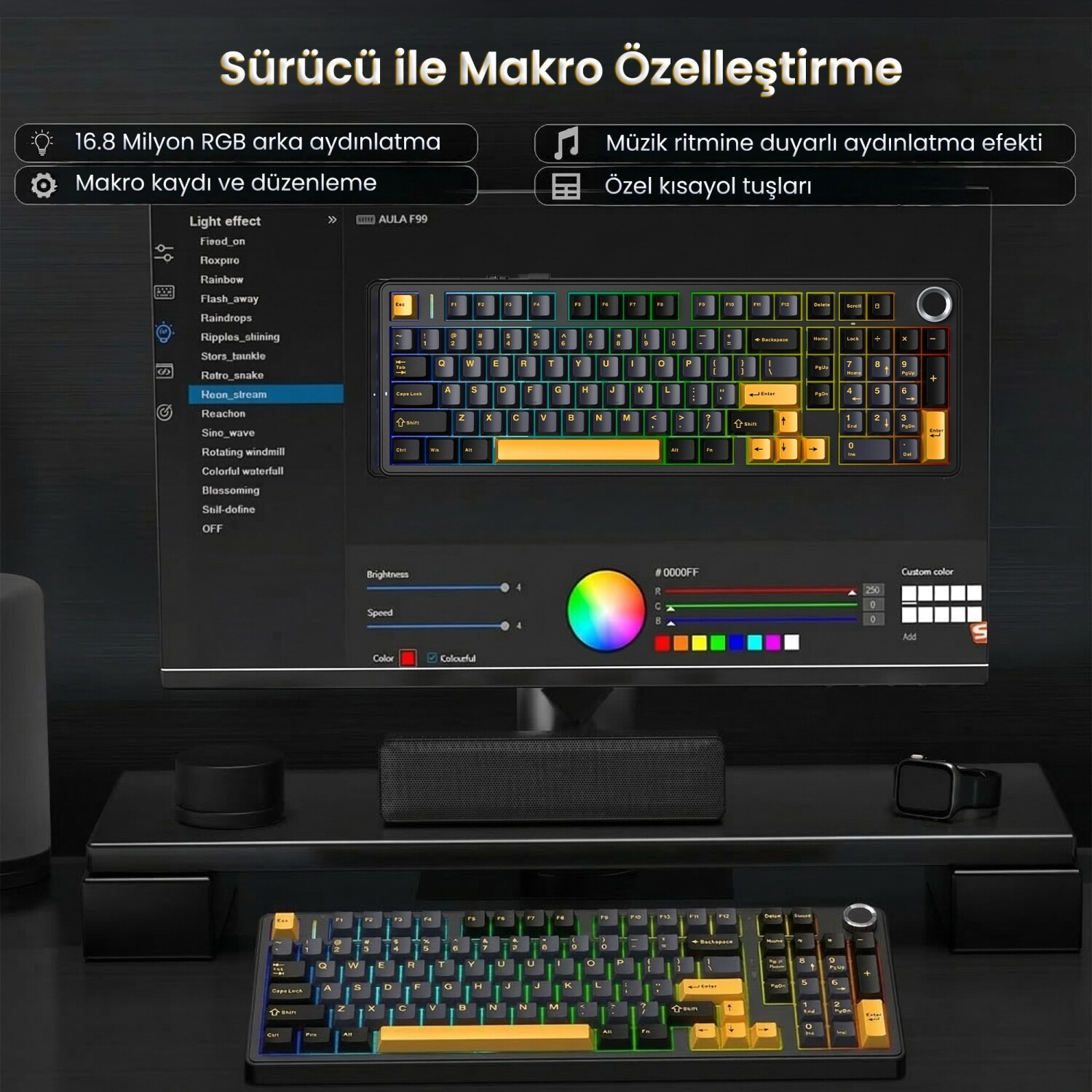 Bir monitör klavye özelleştirme yazılımını gösterirken, önünde ışıklı fiziksel klavye duruyor.