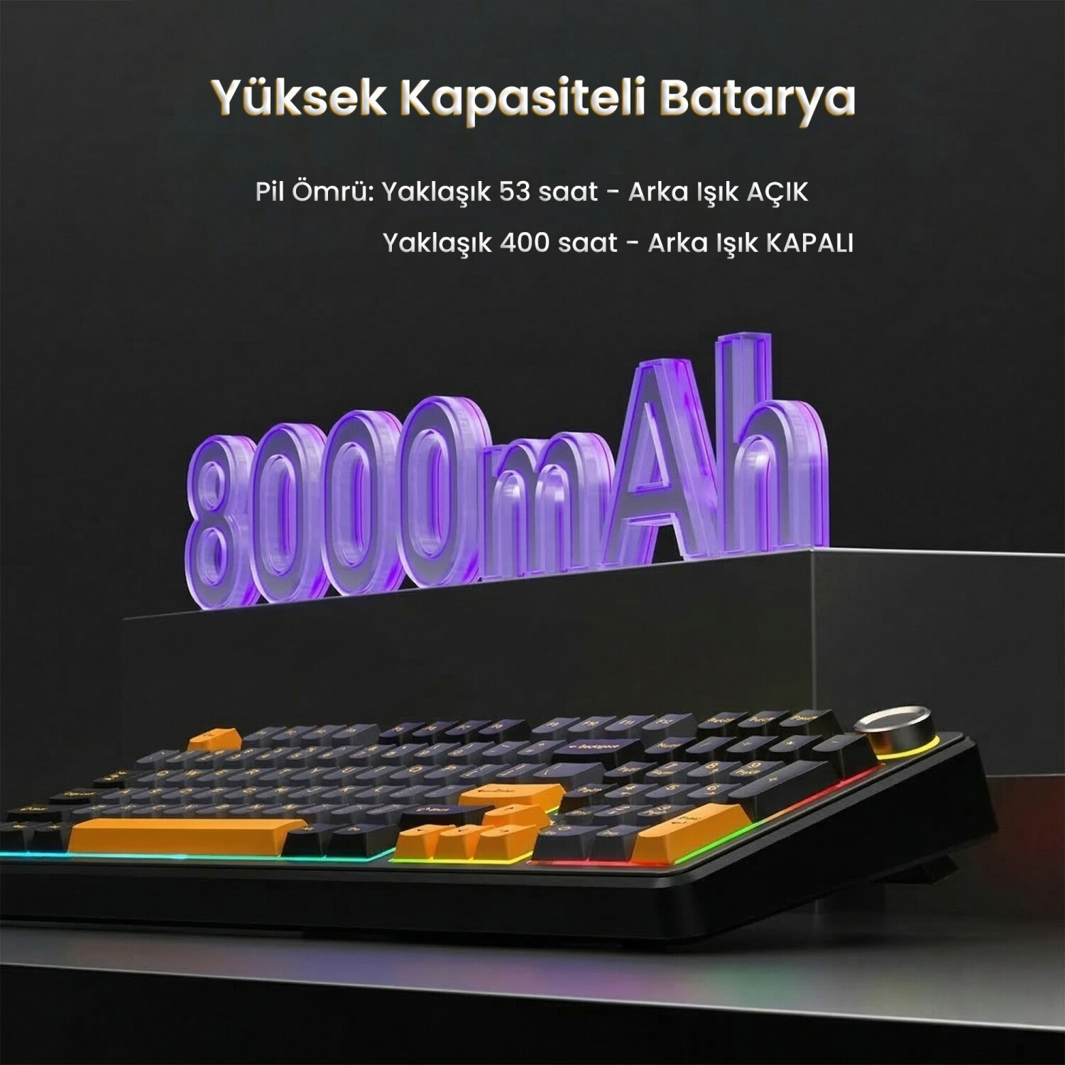 8000mAh yazılı ve pil ömrü detayları içeren mekanik klavye görseli.