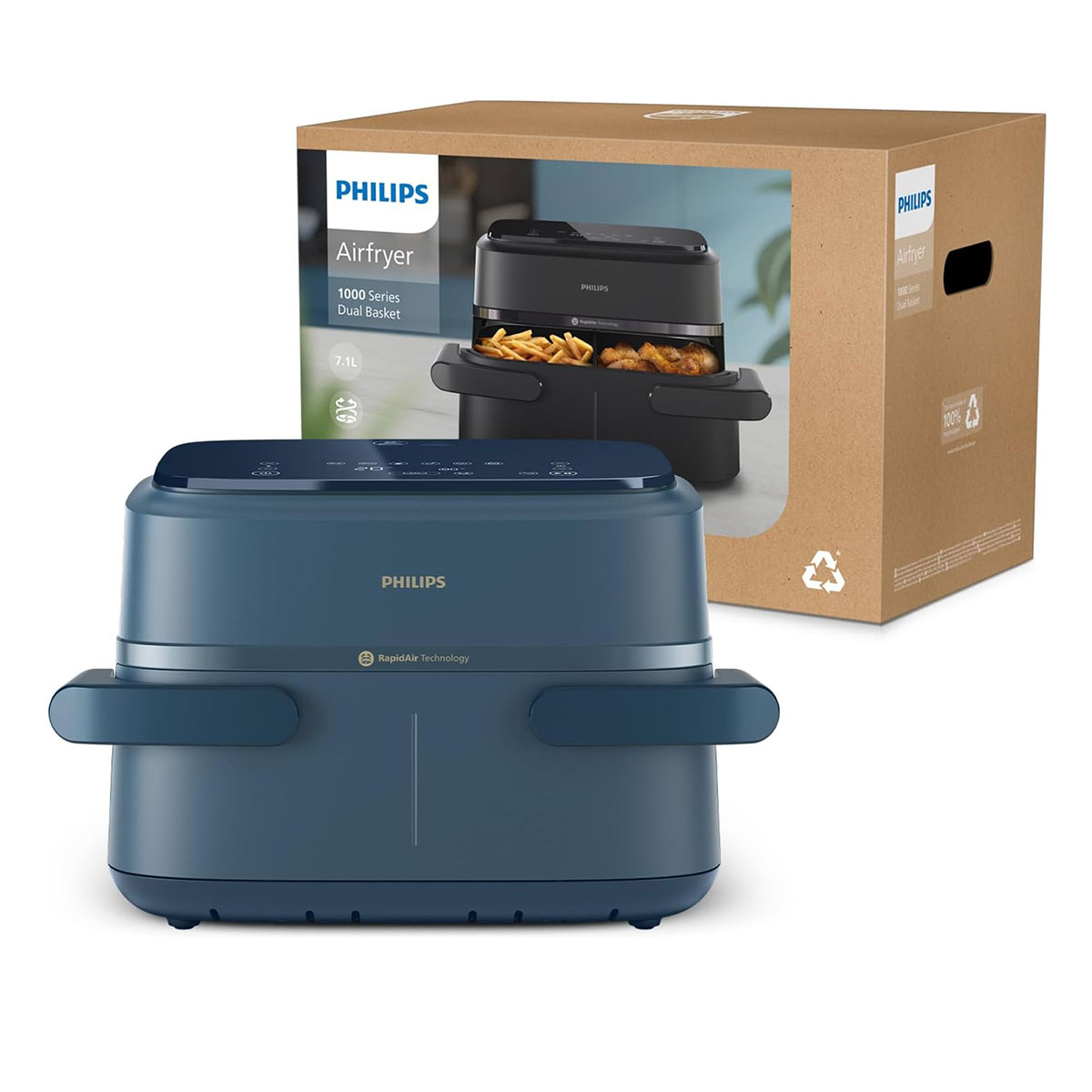 Friggitrice ad aria Philips blu a doppio cestello in primo piano con la scatola della confezione sullo sfondo.