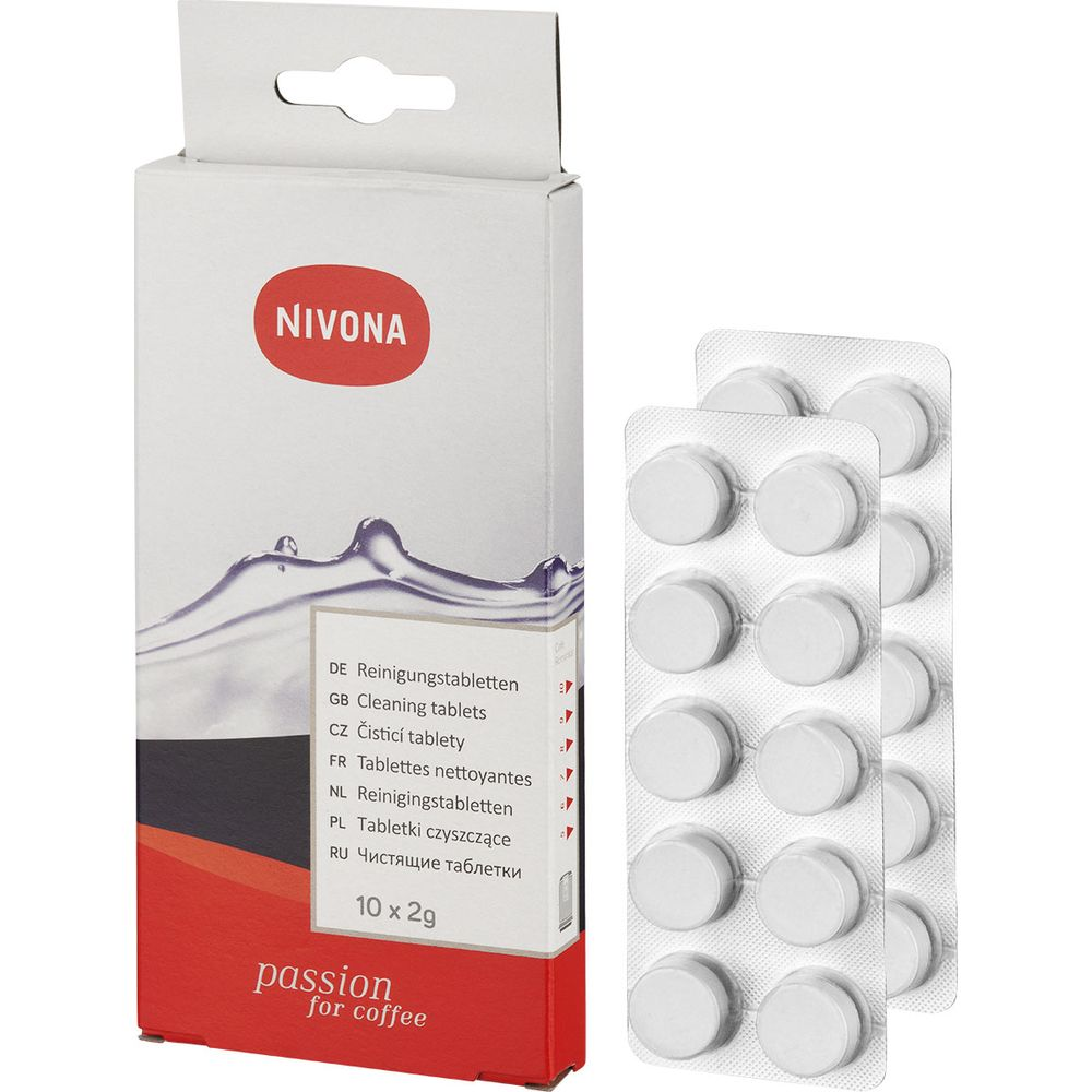 Nivona Reinigungstabletten in weißer Verpackung mit zwei Blistern runder weißer Tabletten daneben.