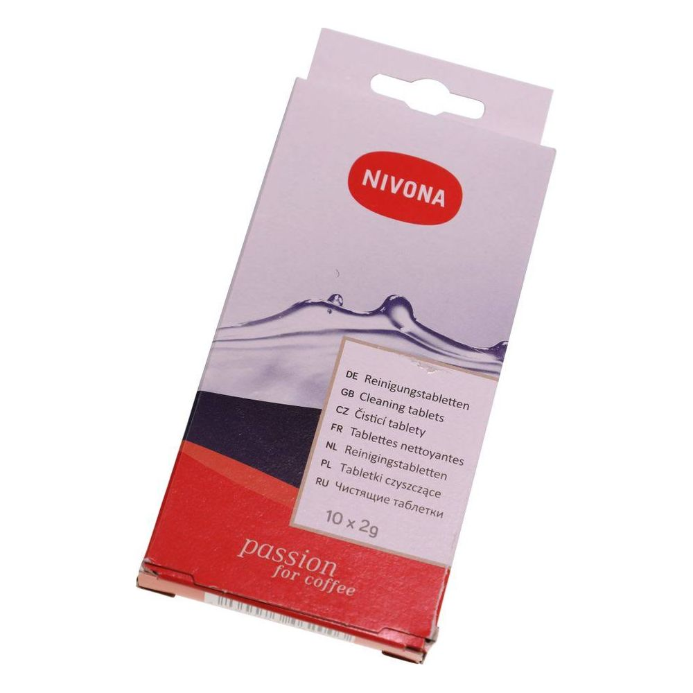 Nivona Reinigungstabletten Verpackung mit rotem Logo und Wassergrafik.