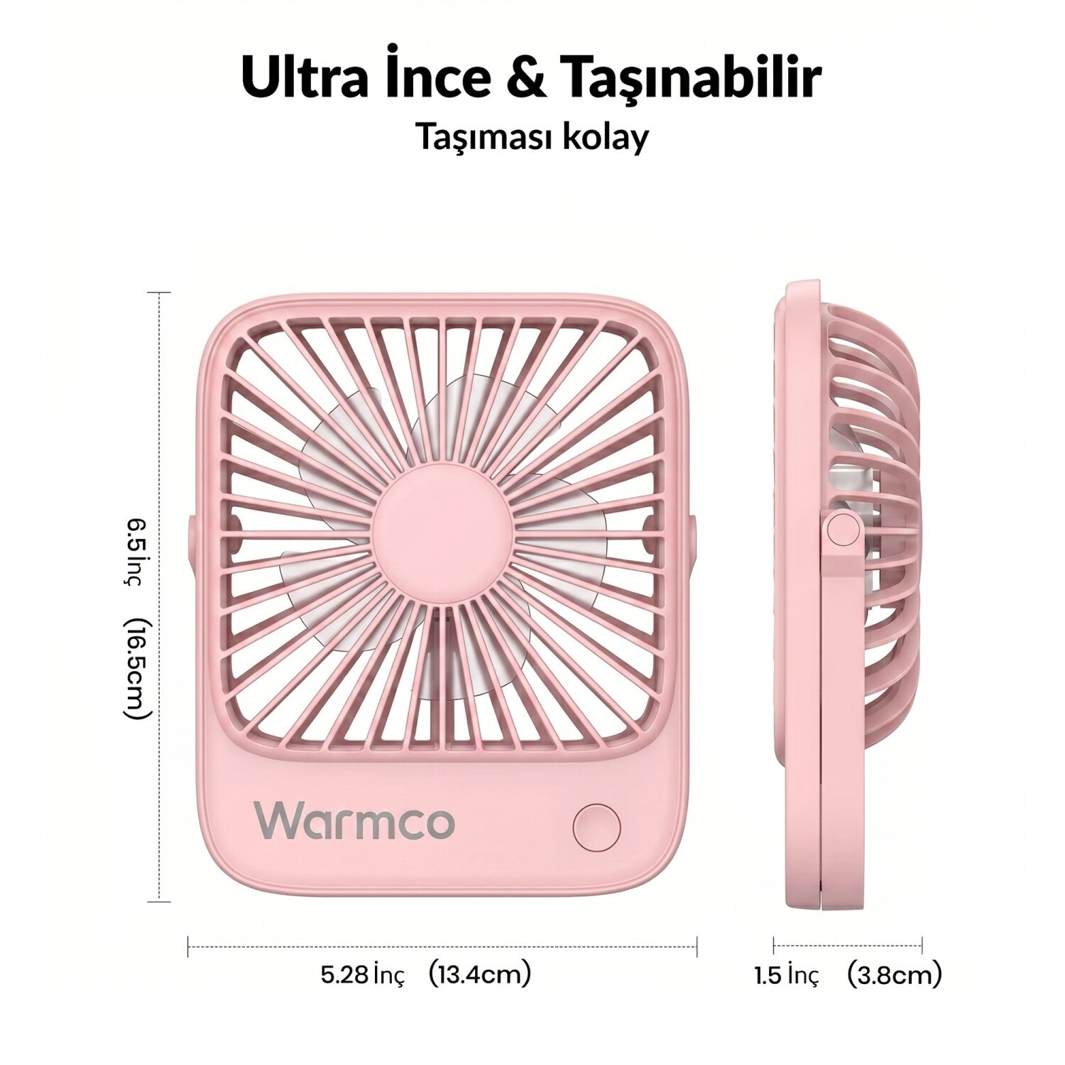 Ön ve yan görünüşleri ölçüleriyle gösteren pembe taşınabilir Warmco vantilatör.