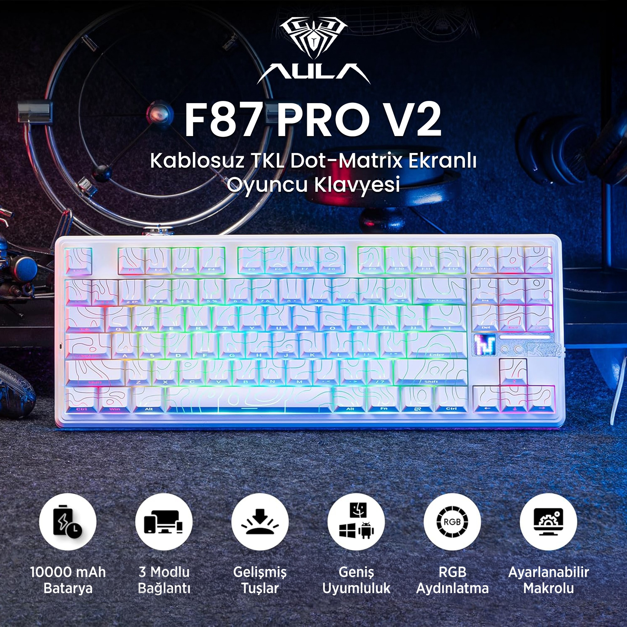 Koyu zemin üzerinde metin ve simgeler içeren beyaz F87 Pro V2 RGB oyuncu klavyesi.