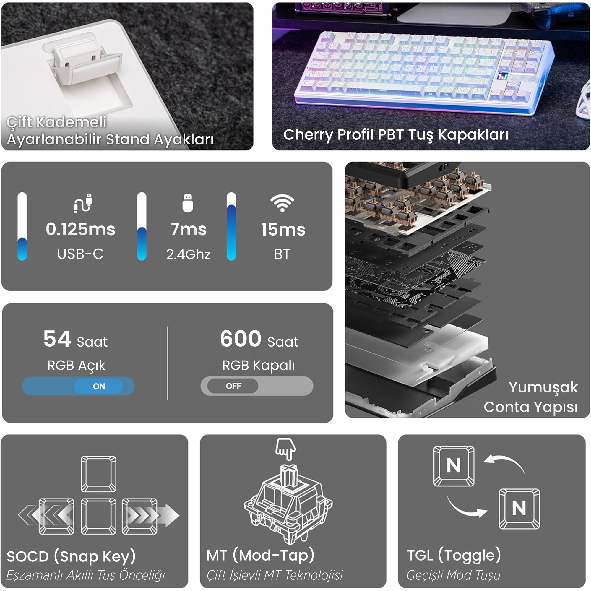 AULA F87 PRO V2 Mekanik RGB TKL Star Vector Switch Makrolu Hot Swap Desenli Kablosuz Gaming Klavye Beyaz