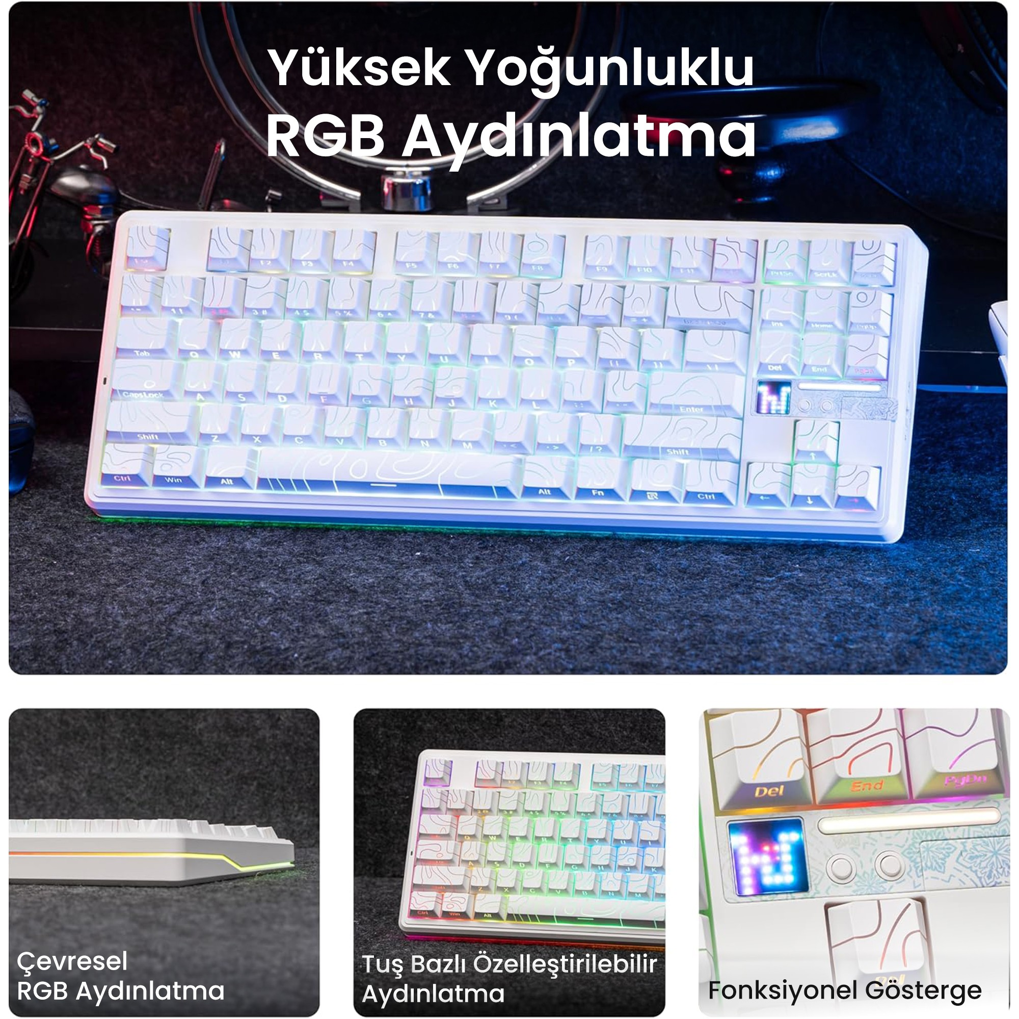 AULA F87 PRO V2 Mekanik RGB TKL Star Vector Switch Makrolu Hot Swap Desenli Kablosuz Gaming Klavye Beyaz