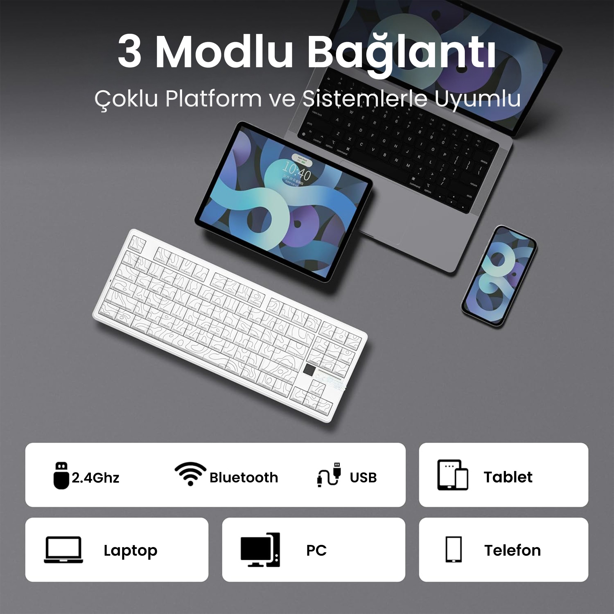AULA F87 PRO V2 Mekanik RGB TKL Star Vector Switch Makrolu Hot Swap Desenli Kablosuz Gaming Klavye Beyaz